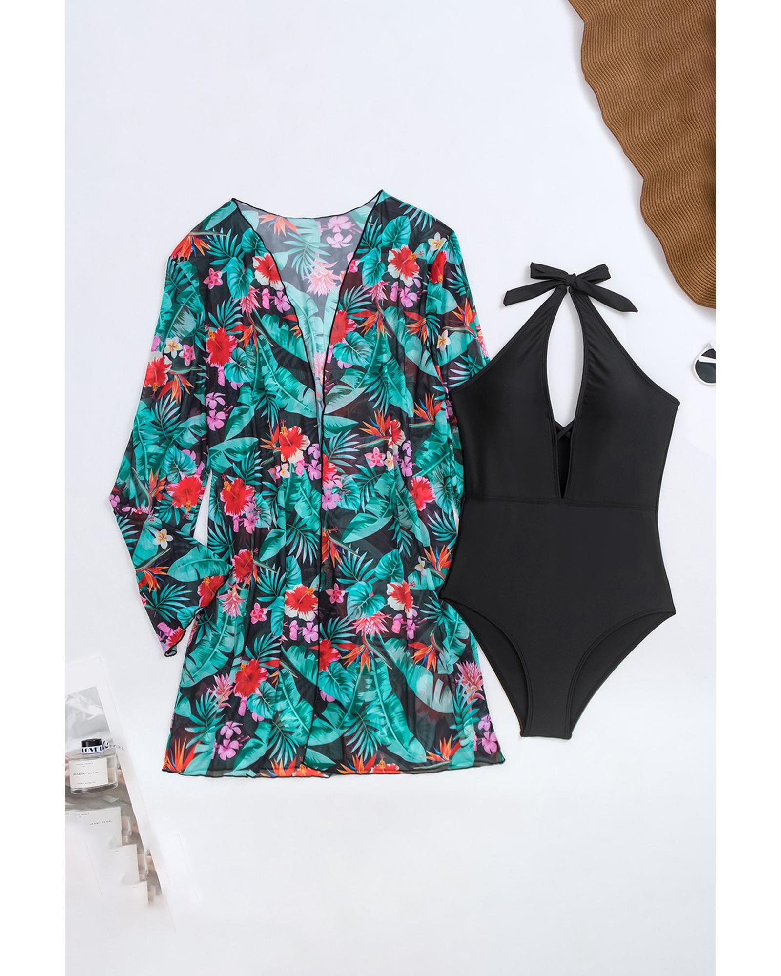 Black Halter Neck Monokini with Floral Beach Cover Up - S