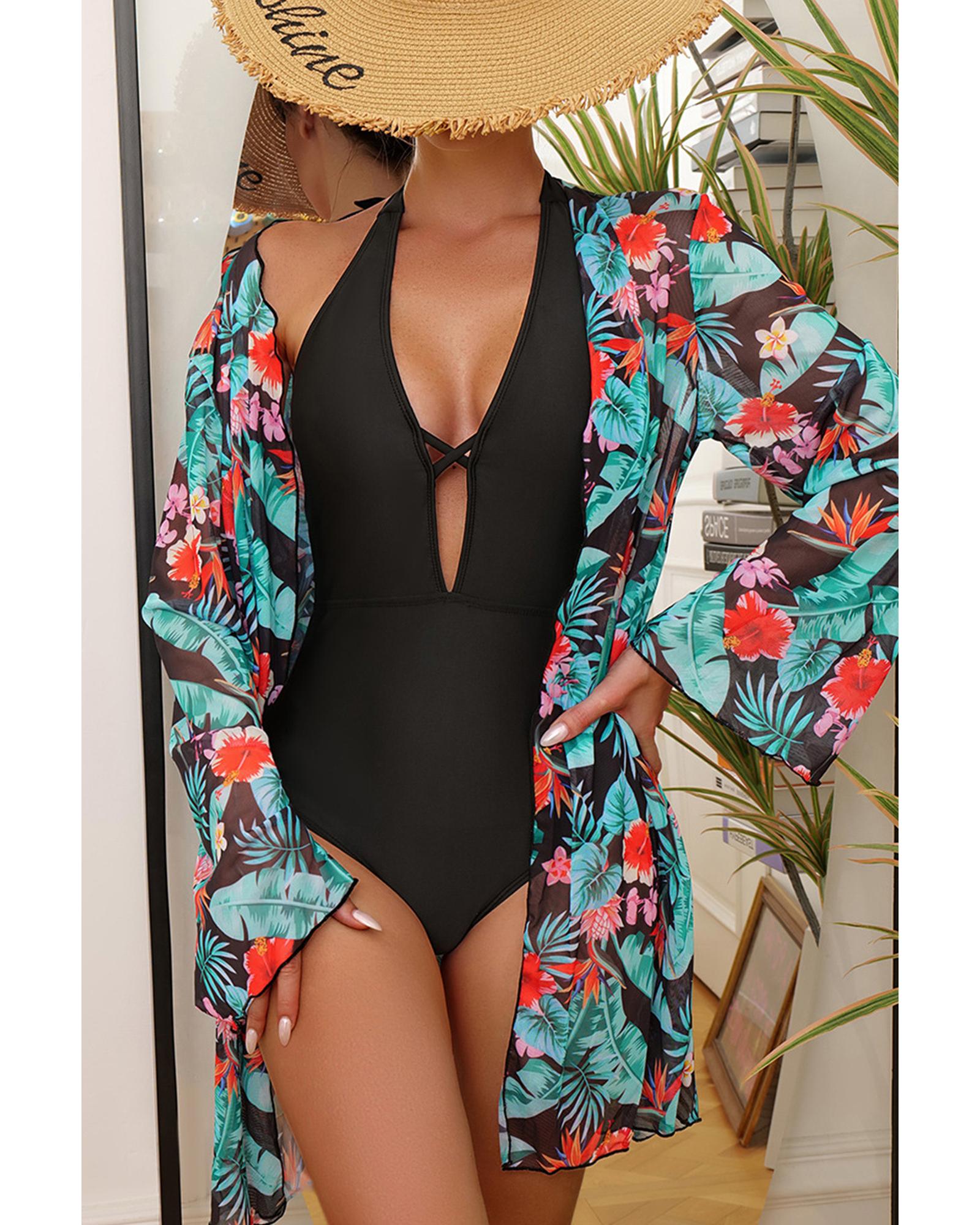 Black Halter Neck Monokini with Floral Beach Cover Up - XL