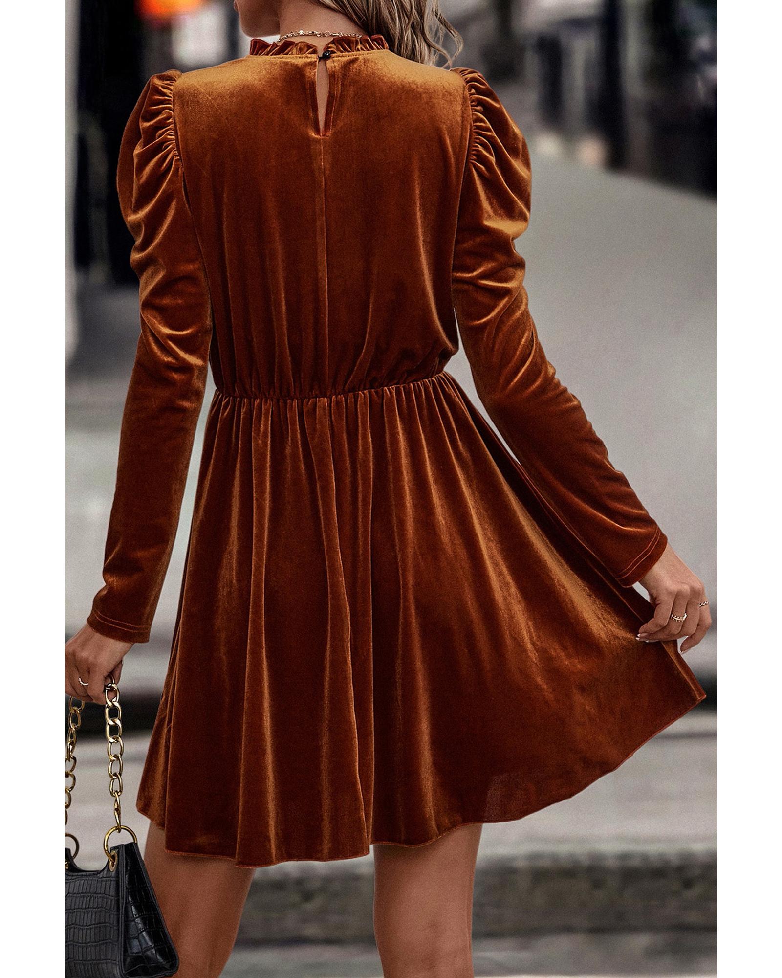 Chestnut Velvet Frilled Neck Gigot Sleeve Swing Dress - M