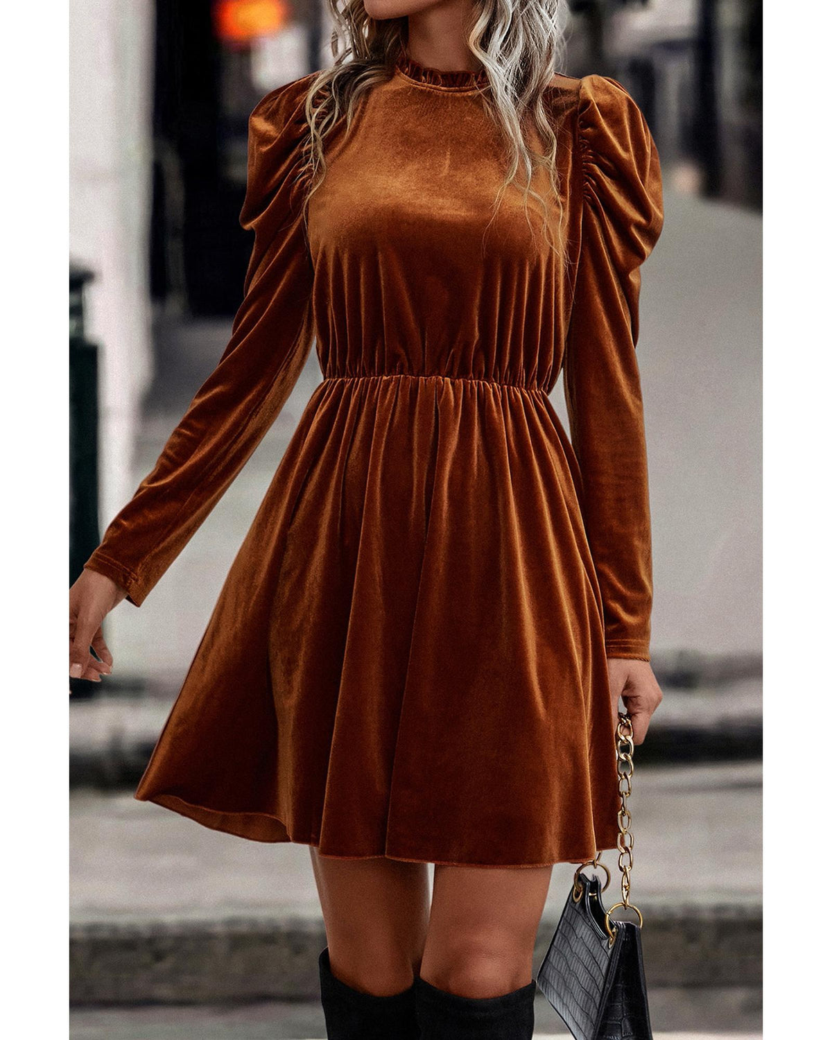 Chestnut Velvet Frilled Neck Gigot Sleeve Swing Dress - M