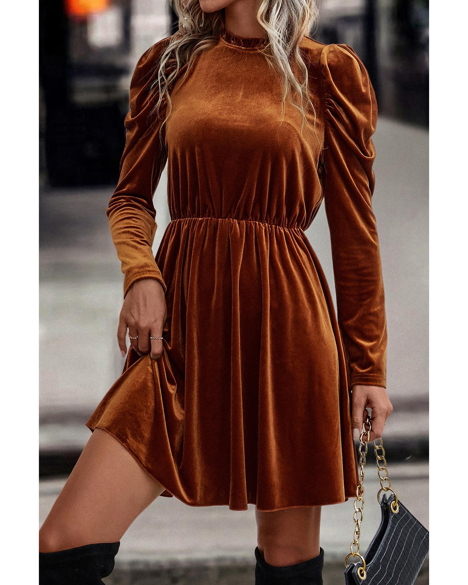 Chestnut Velvet Frilled Neck Gigot Sleeve Swing Dress - S