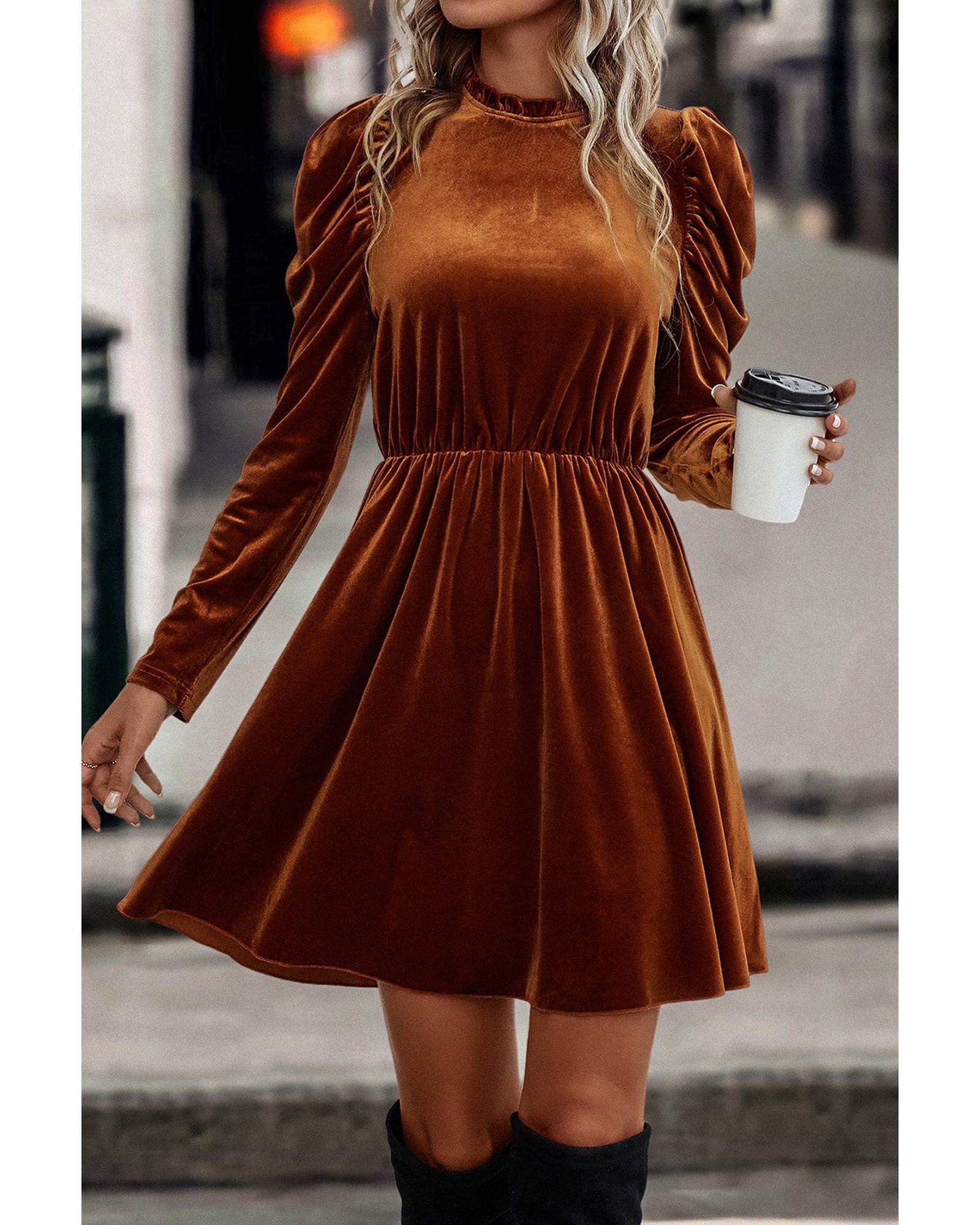 Chestnut Velvet Frilled Neck Gigot Sleeve Swing Dress - S
