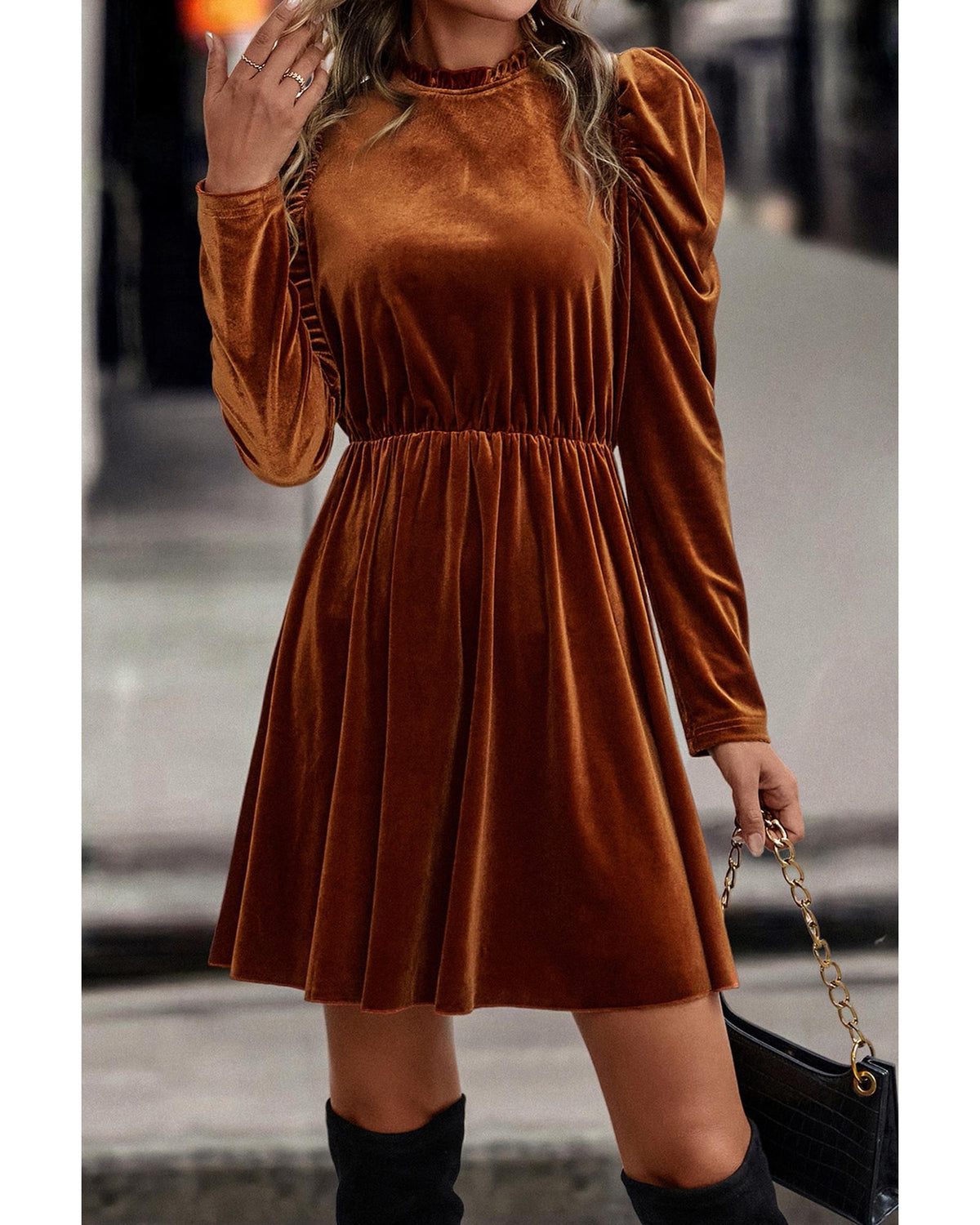 Chestnut Velvet Frilled Neck Gigot Sleeve Swing Dress - S
