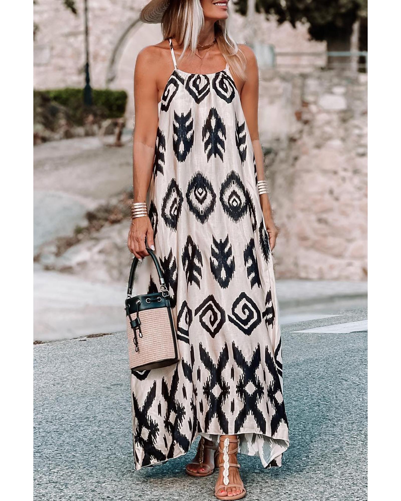 Black Western  Aztec Printed Fashion Vacation Sundress - XL
