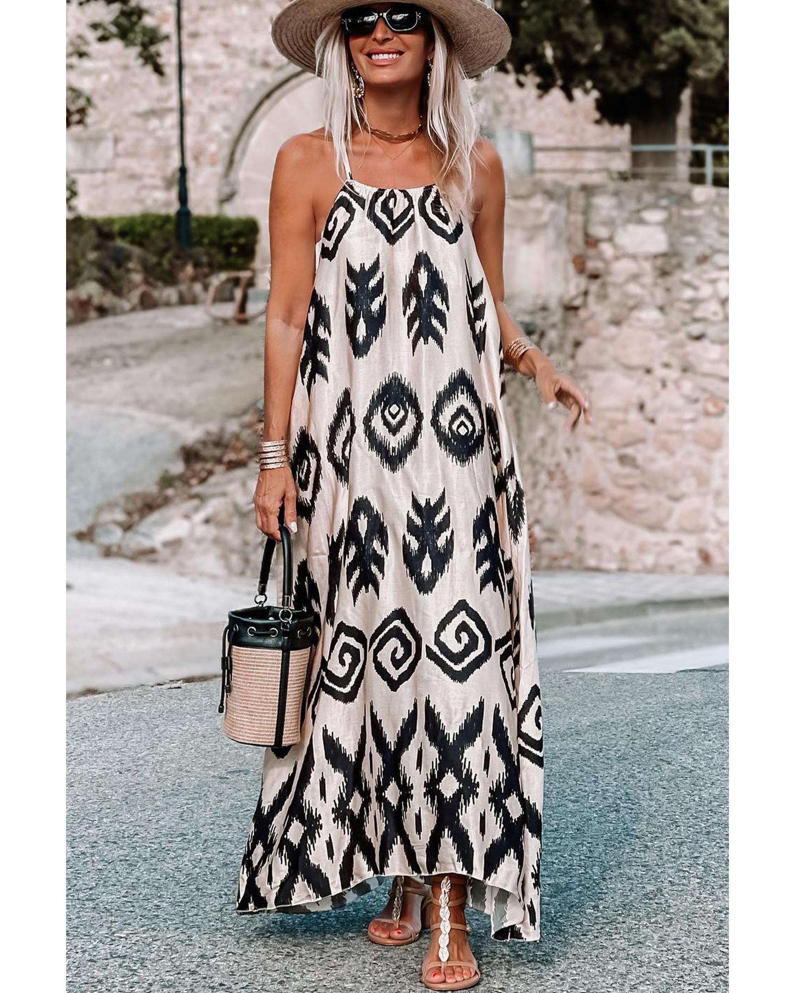 Black Western  Aztec Printed Fashion Vacation Sundress - XL
