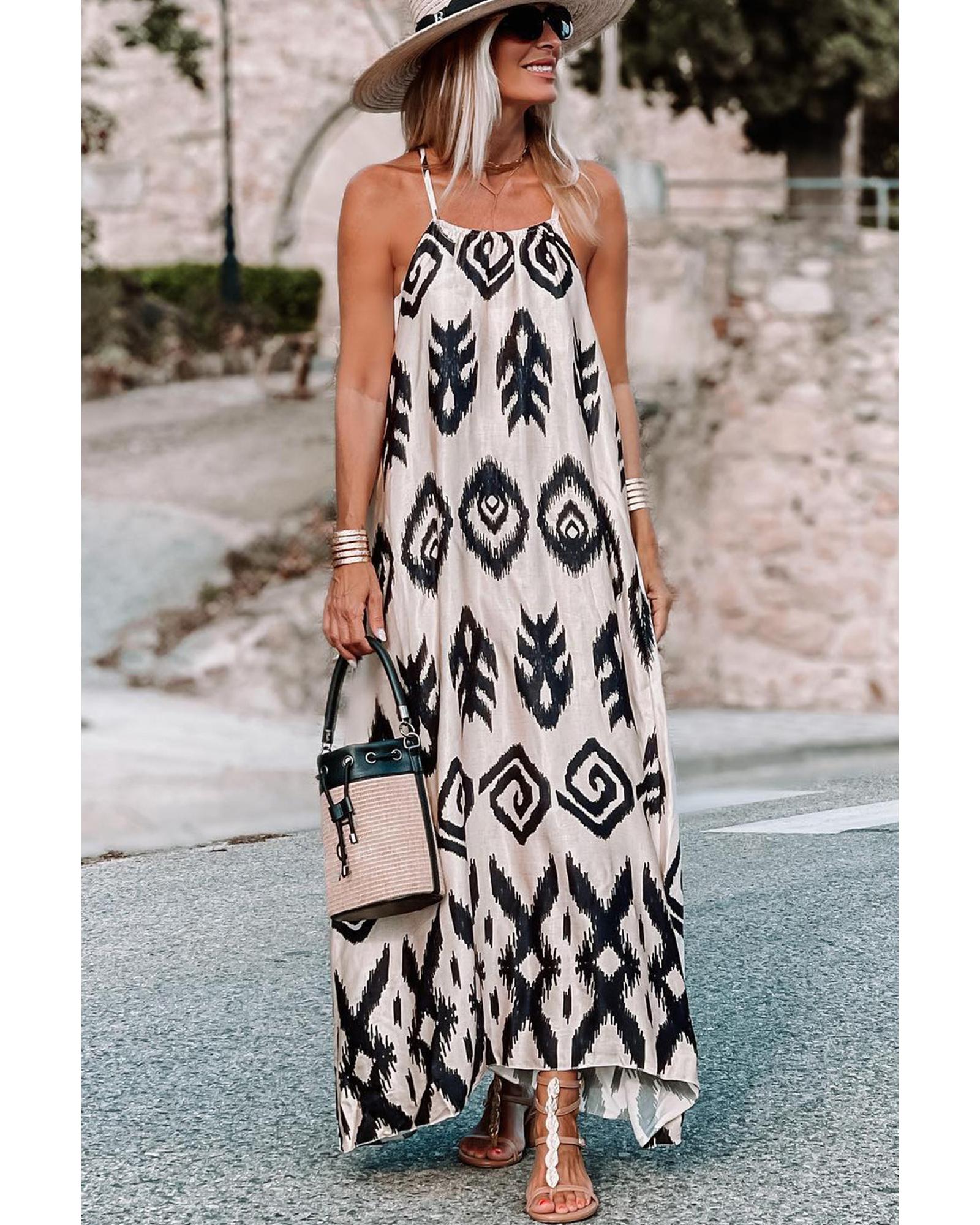 Black Western  Aztec Printed Fashion Vacation Sundress - XL