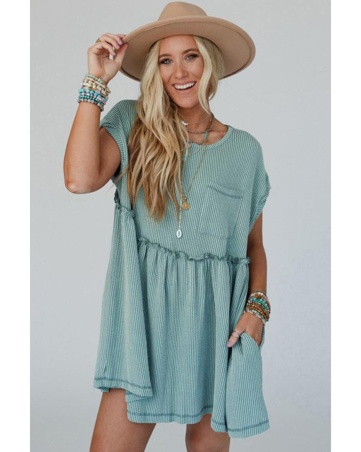 Canton Corded Knit Textured Patched Pocket Frilled Swing Mini Dress with Pockets - L