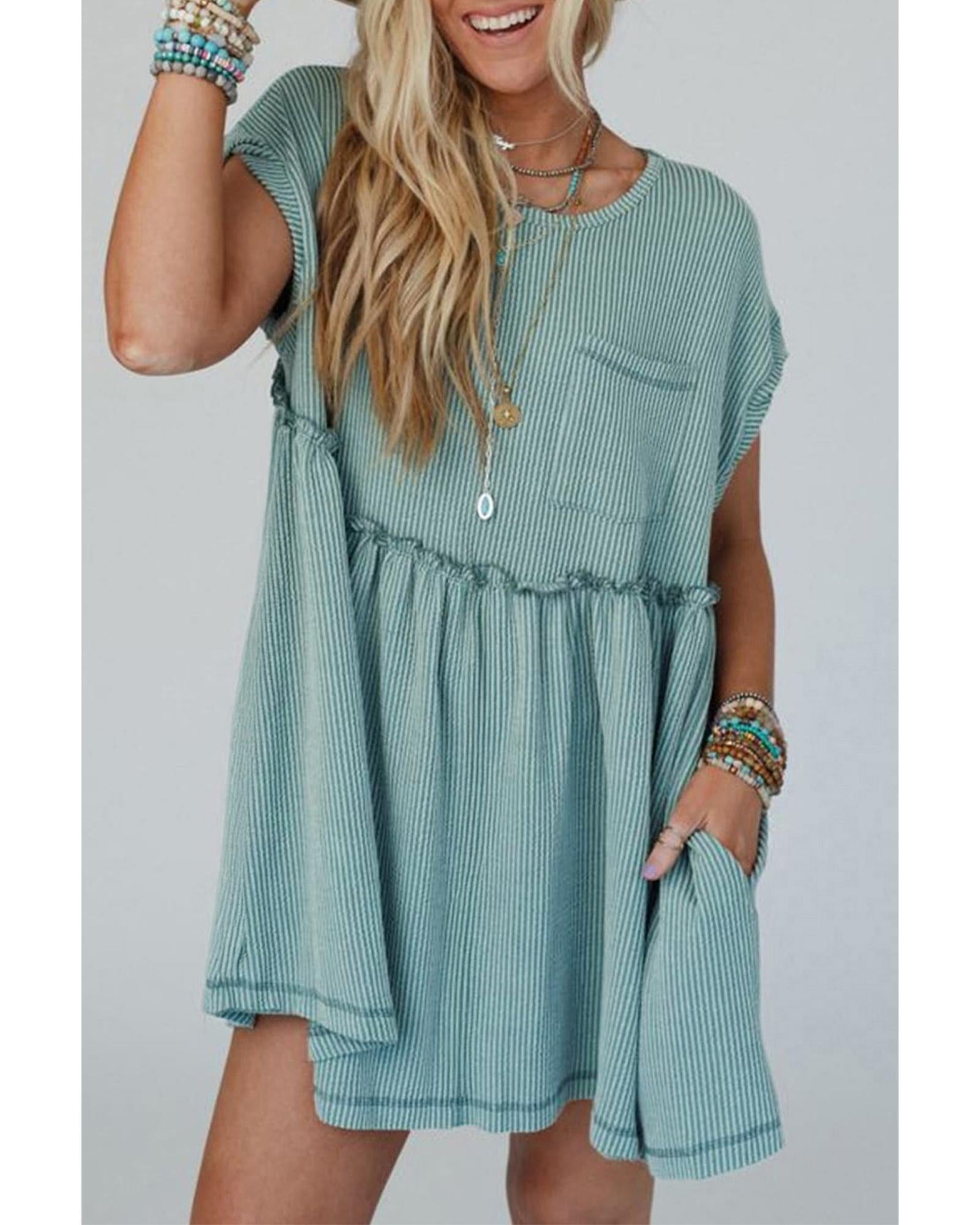 Canton Corded Knit Textured Patched Pocket Frilled Swing Mini Dress with Pockets - M