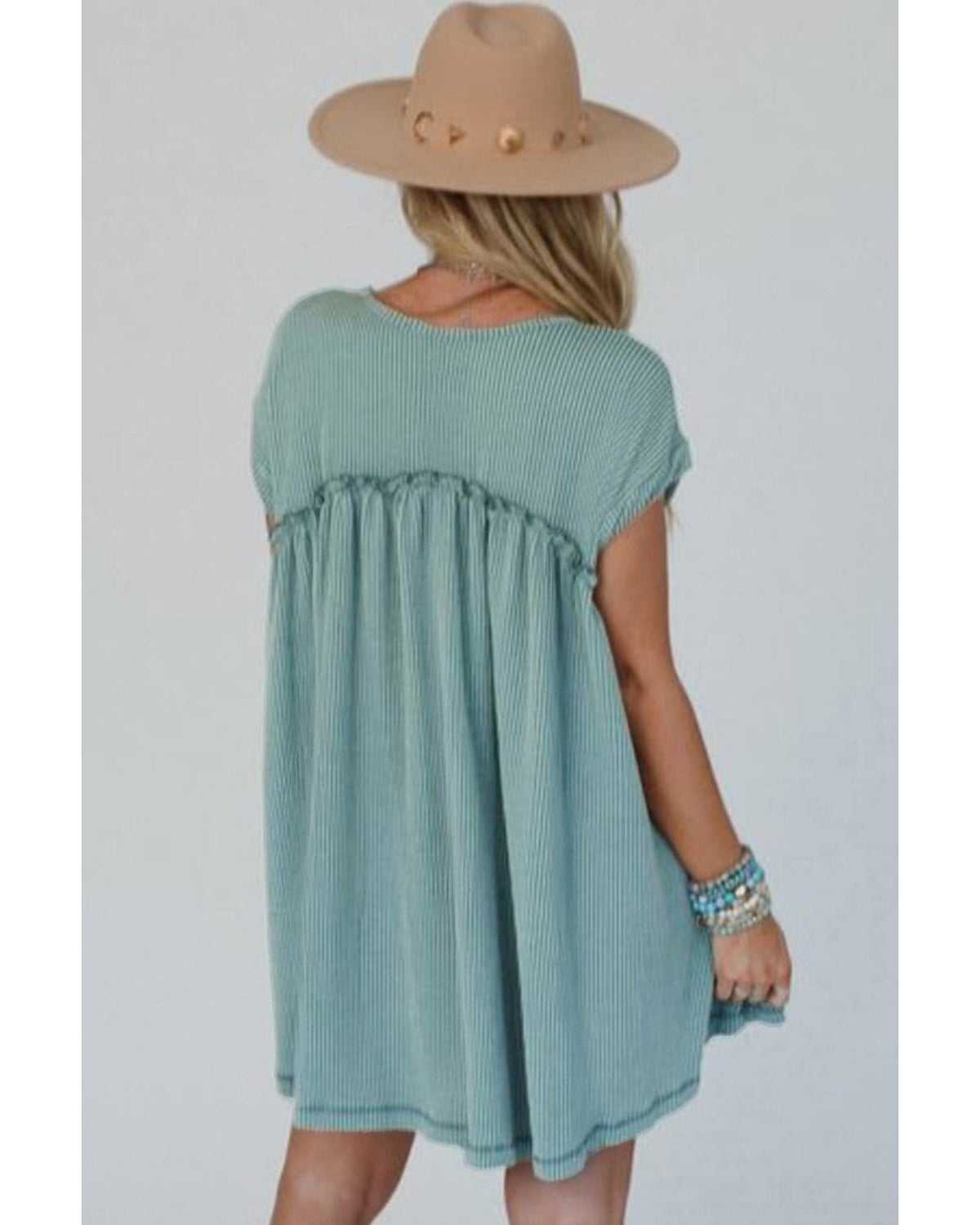 Canton Corded Knit Textured Patched Pocket Frilled Swing Mini Dress with Pockets - M