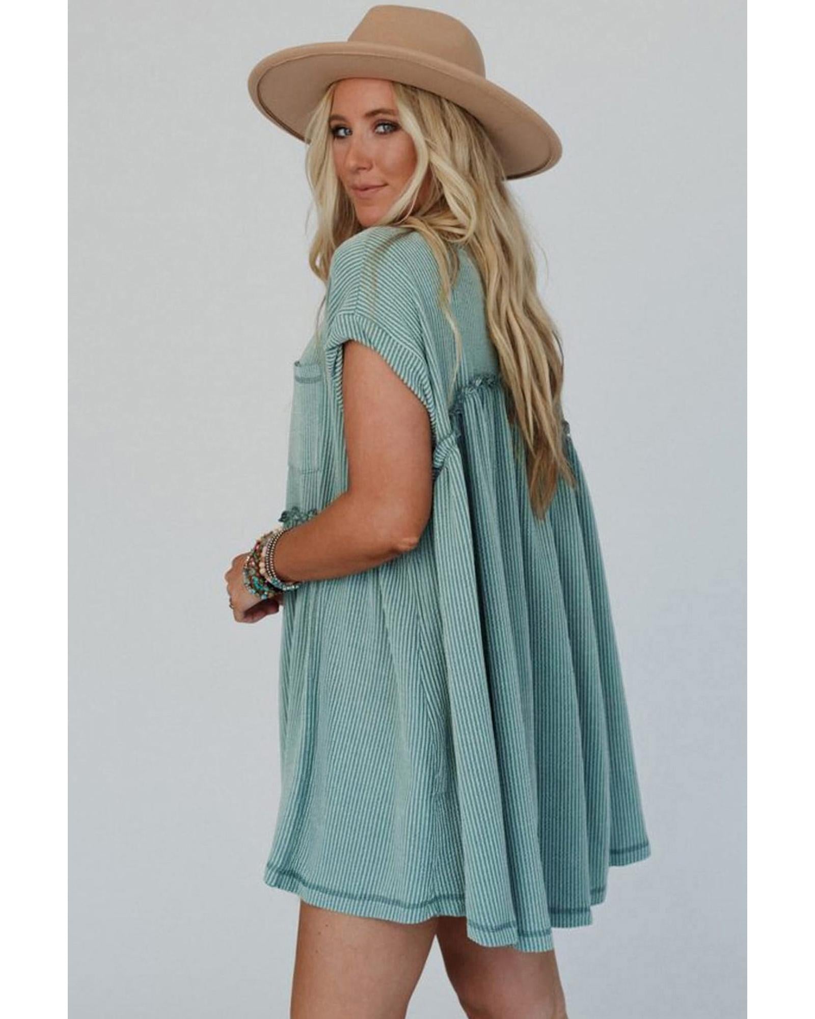 Canton Corded Knit Textured Patched Pocket Frilled Swing Mini Dress with Pockets - M