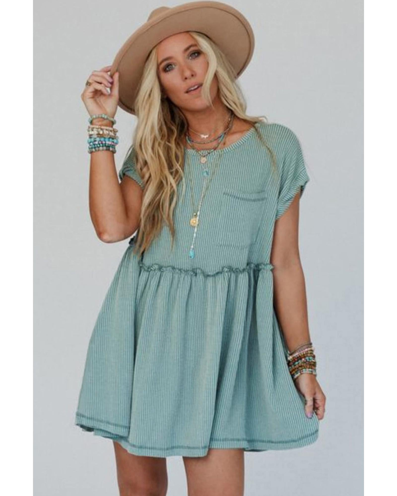 Canton Corded Knit Textured Patched Pocket Frilled Swing Mini Dress with Pockets - M