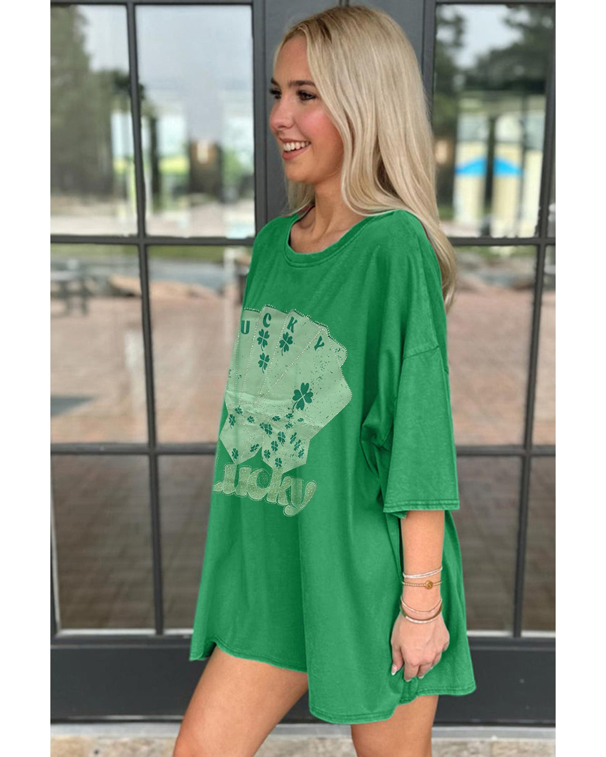 Bright Green Rhinestone Lucky Poker Cards Oversized T Shirt Mini Dress - M