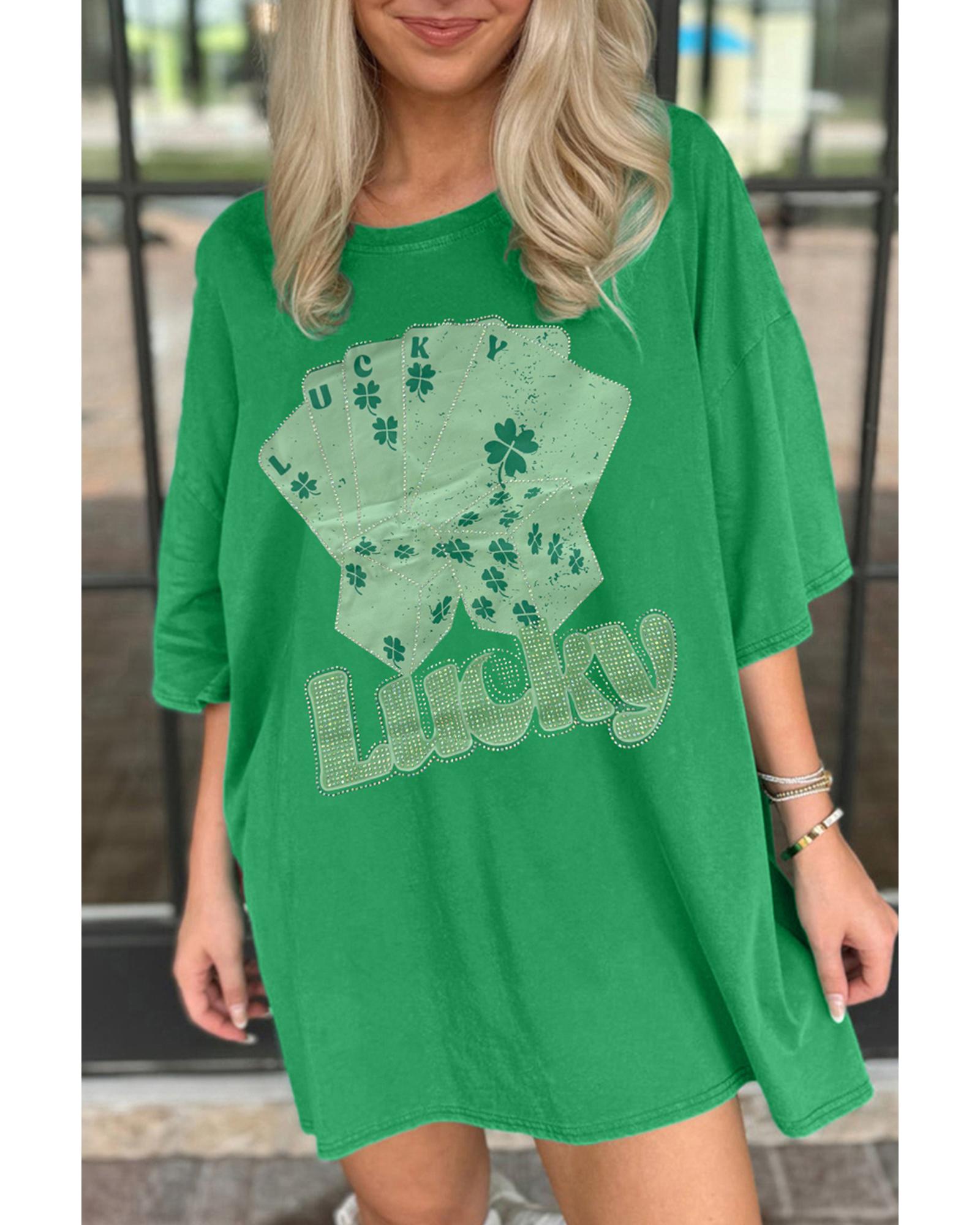 Bright Green Rhinestone Lucky Poker Cards Oversized T Shirt Mini Dress - S