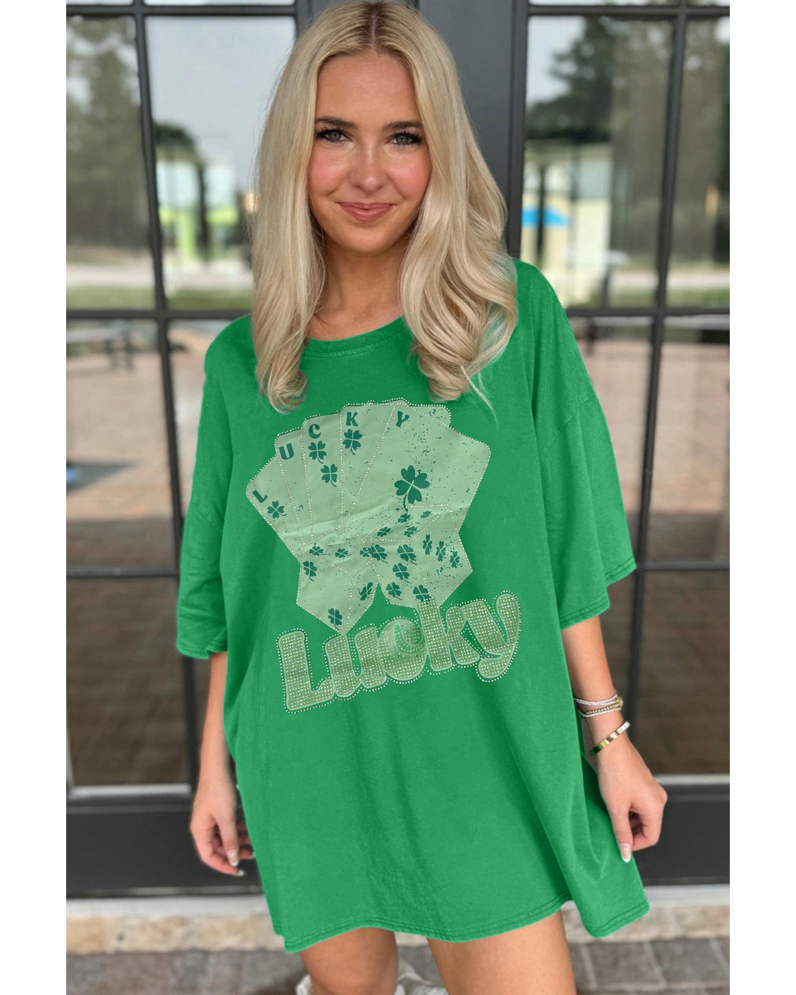 Bright Green Rhinestone Lucky Poker Cards Oversized T Shirt Mini Dress - S