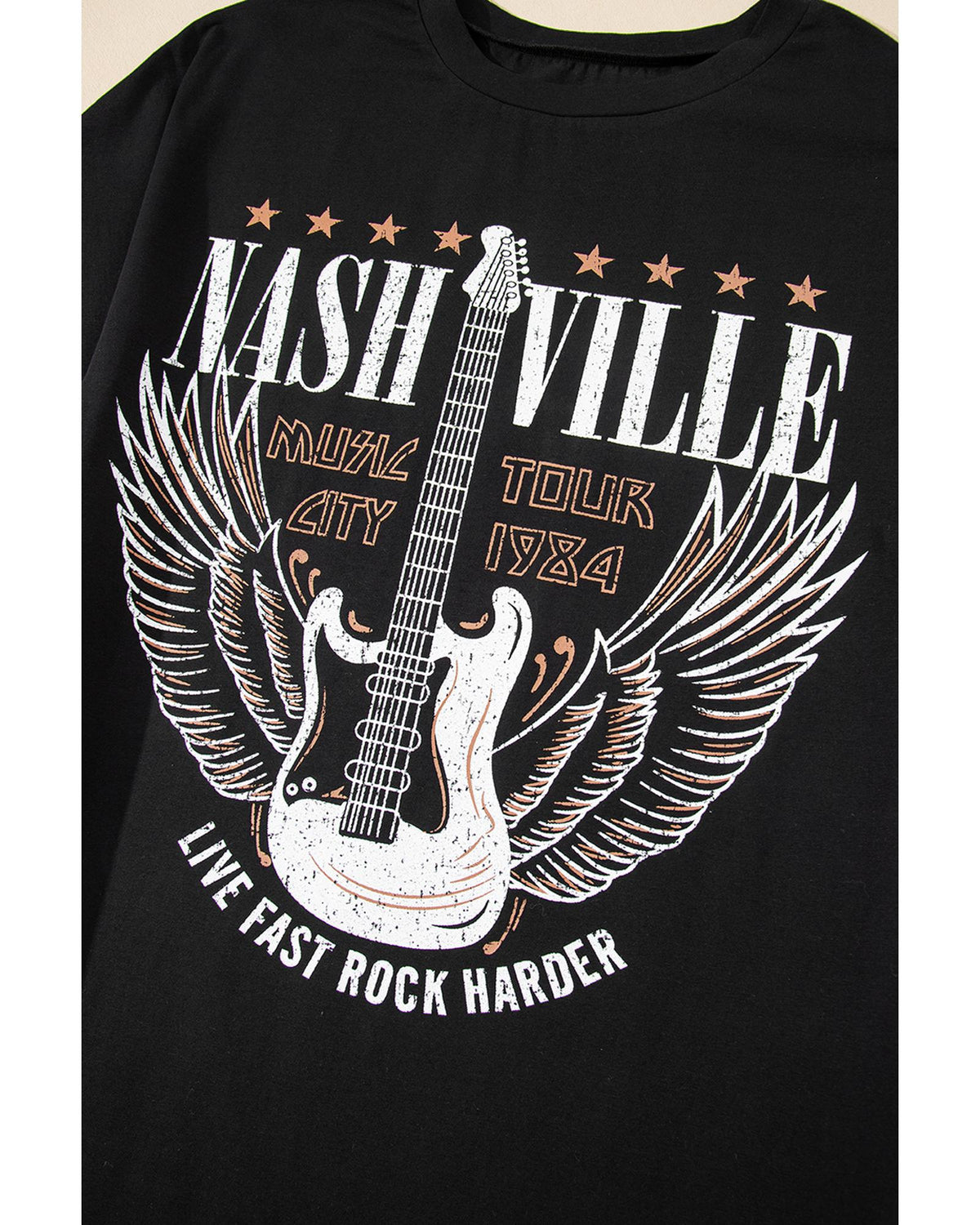 Black Nashville Guitar Print Crew Neck T Shirt Mini Dress - M