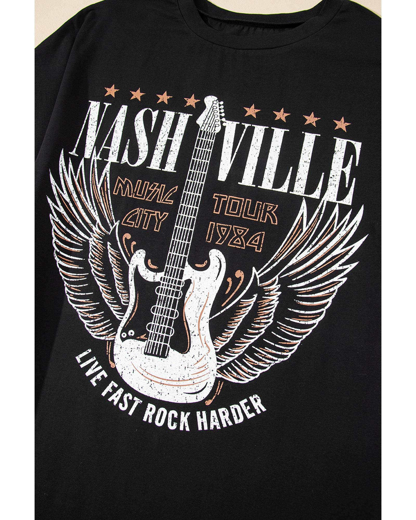 Black Nashville Guitar Print Crew Neck T Shirt Mini Dress - S