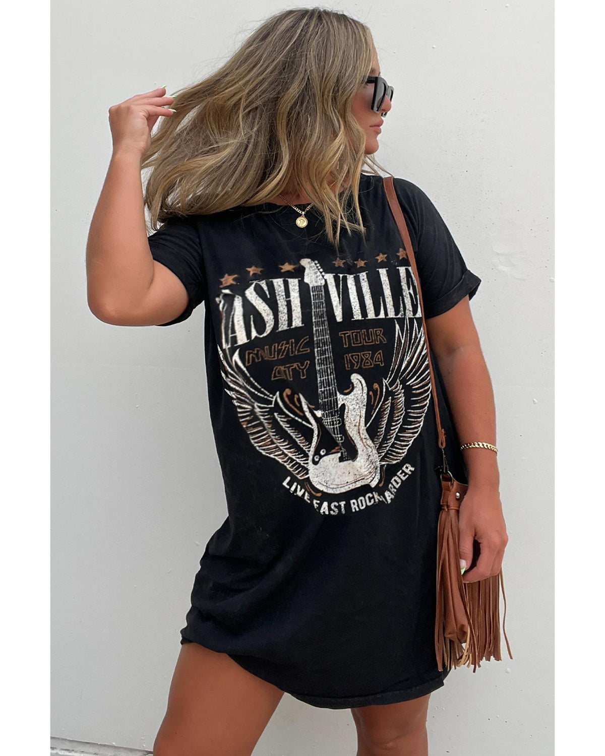 Black Nashville Guitar Print Crew Neck T Shirt Mini Dress - S
