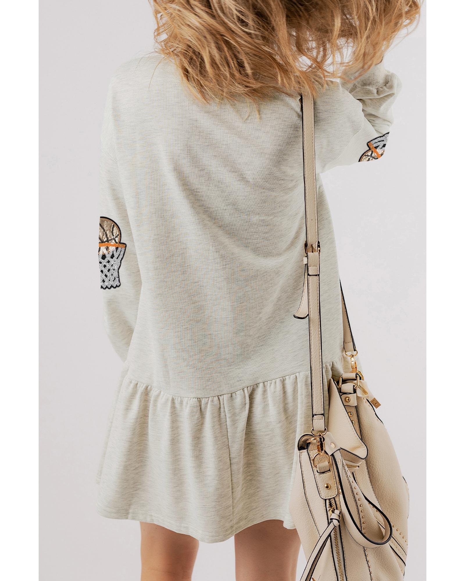 White Sequined Basketball Patched Ruffled Long Sleeve Mini Dress - M