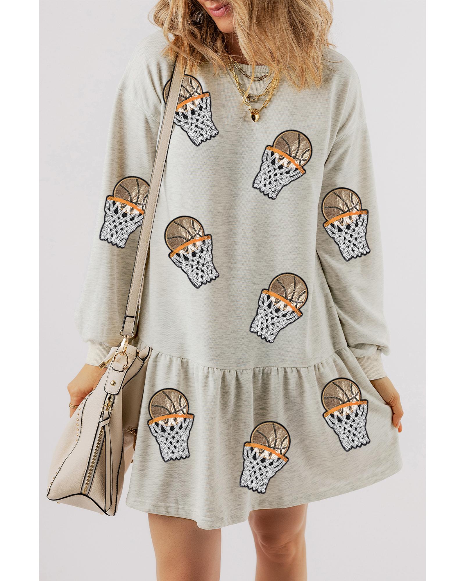White Sequined Basketball Patched Ruffled Long Sleeve Mini Dress - M
