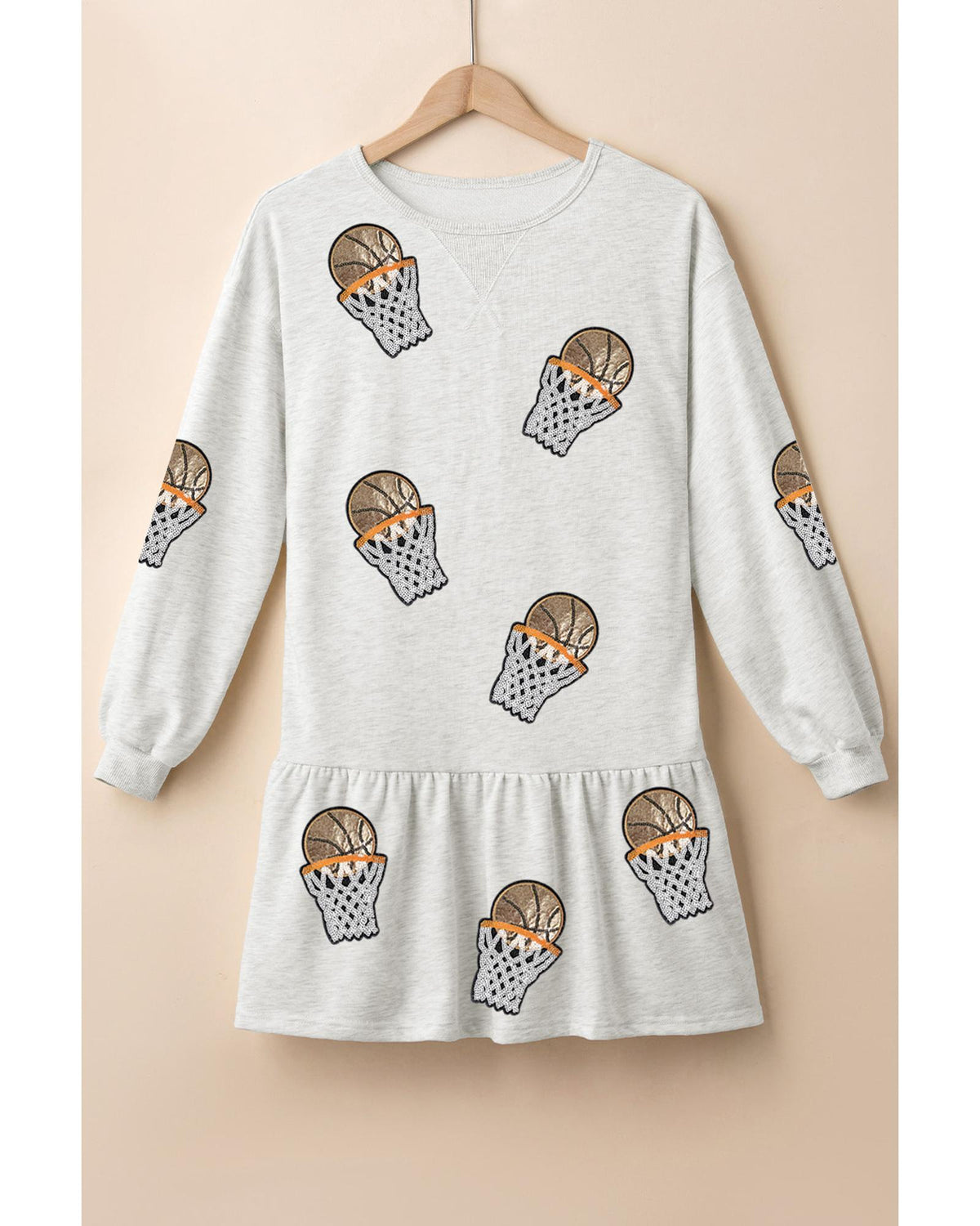 White Sequined Basketball Patched Ruffled Long Sleeve Mini Dress - M