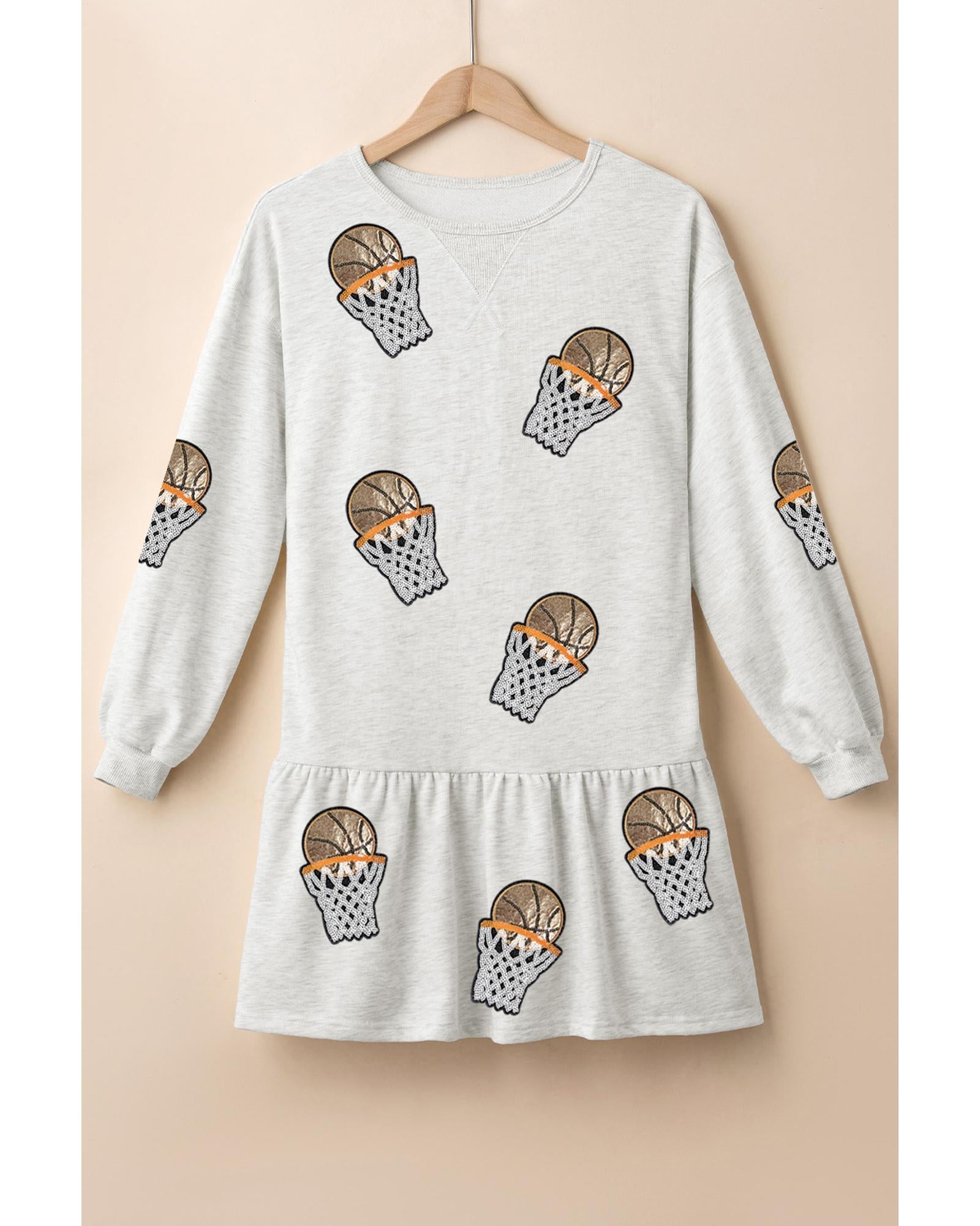 White Sequined Basketball Patched Ruffled Long Sleeve Mini Dress - M