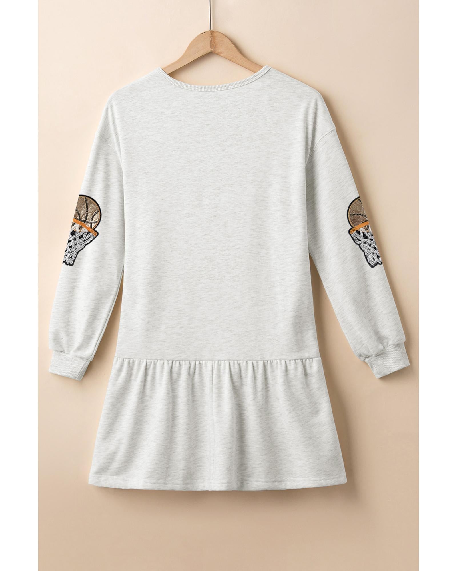 White Sequined Basketball Patched Ruffled Long Sleeve Mini Dress - M