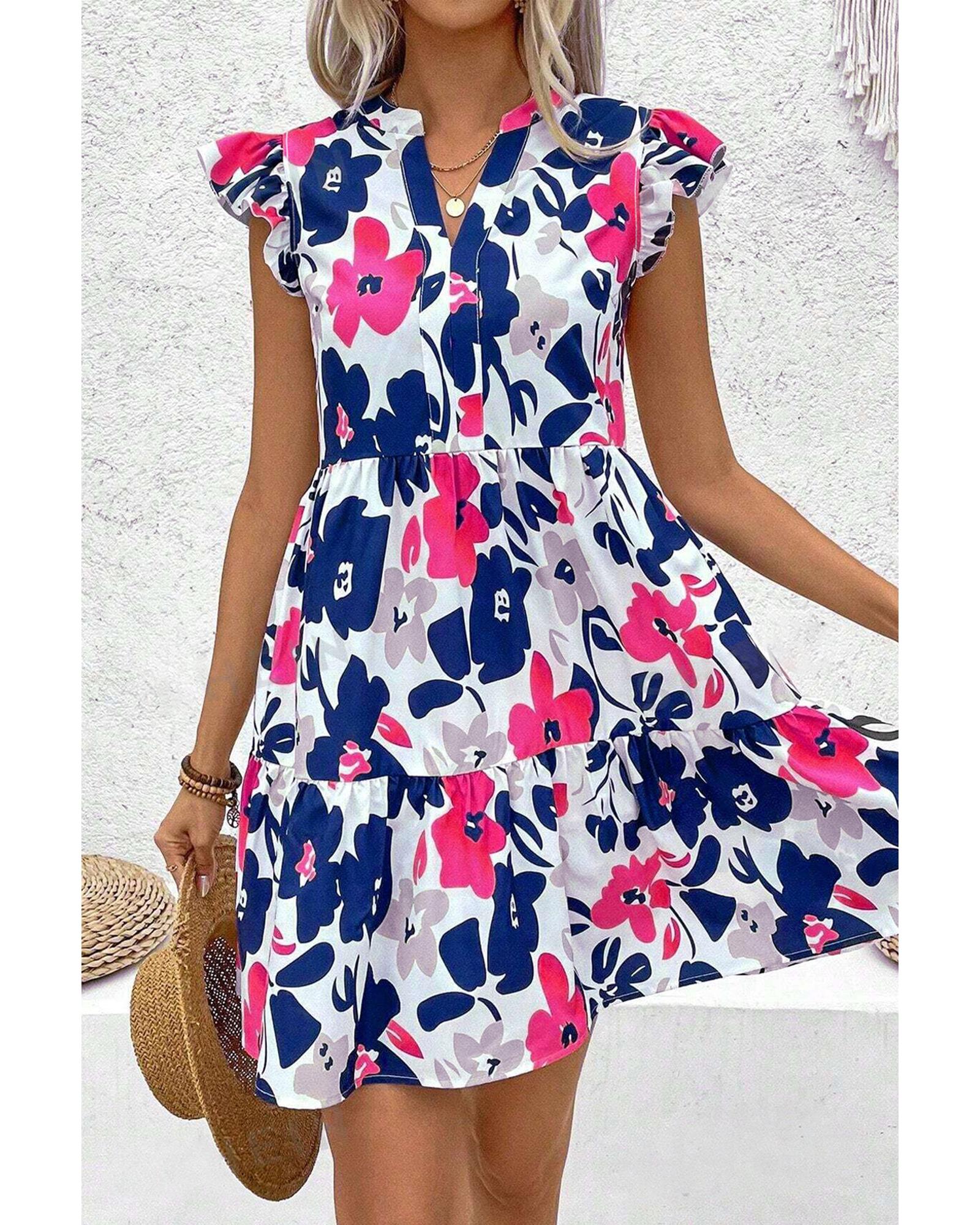 Fashion Floral Print Notched Neck Flutter Sleeve Mini Dress - M