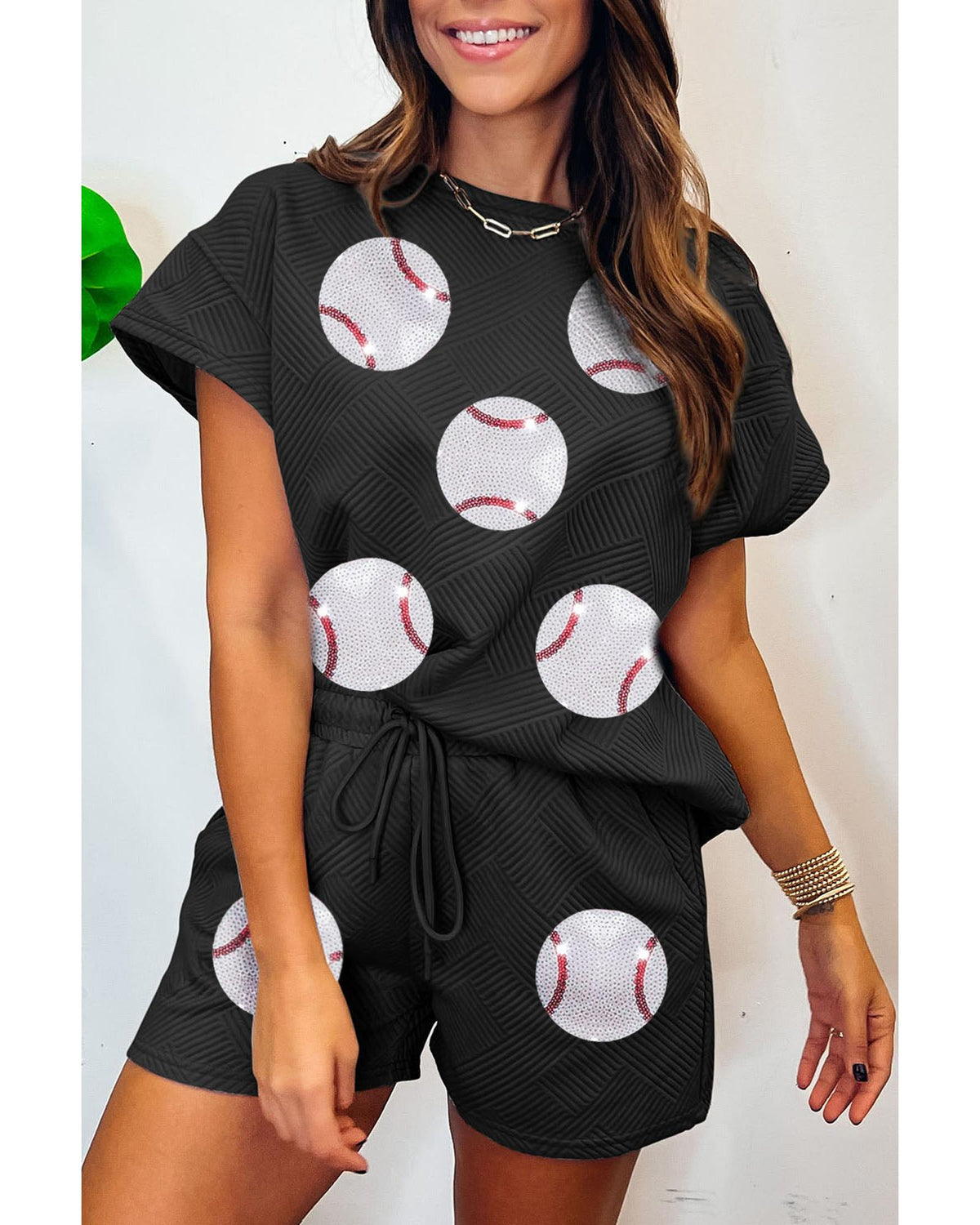 Black Trendy Texture Sequin Baseball Graphic Short 2pcs Set - XL