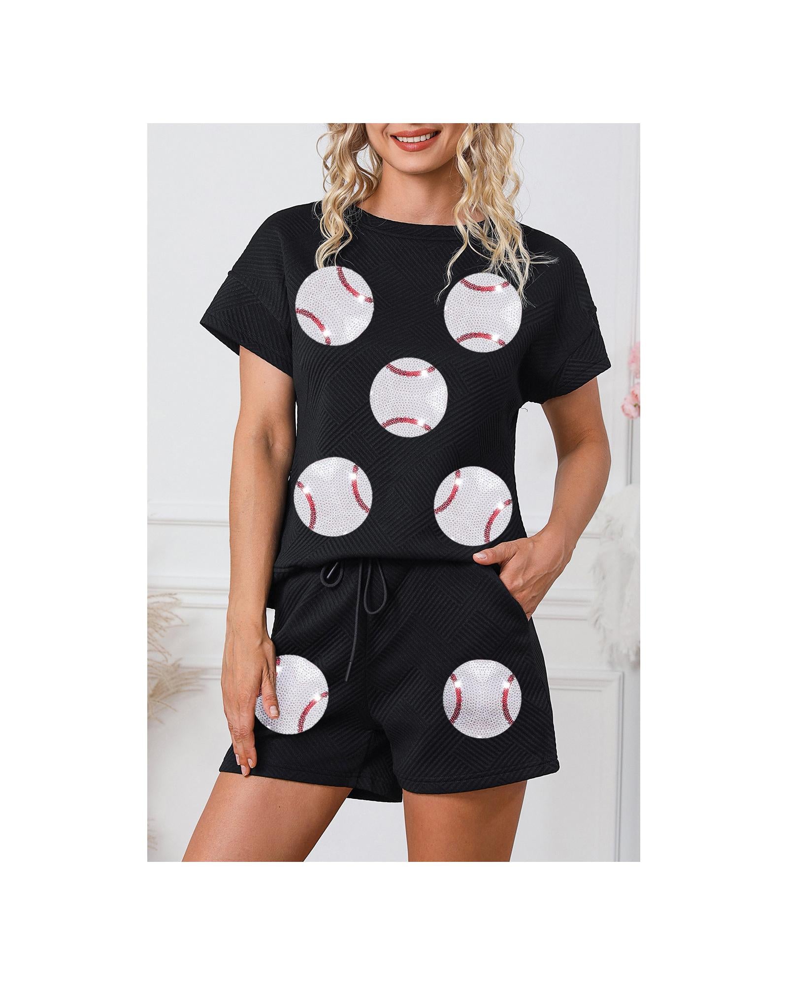 Black Trendy Texture Sequin Baseball Graphic Short 2pcs Set - XL