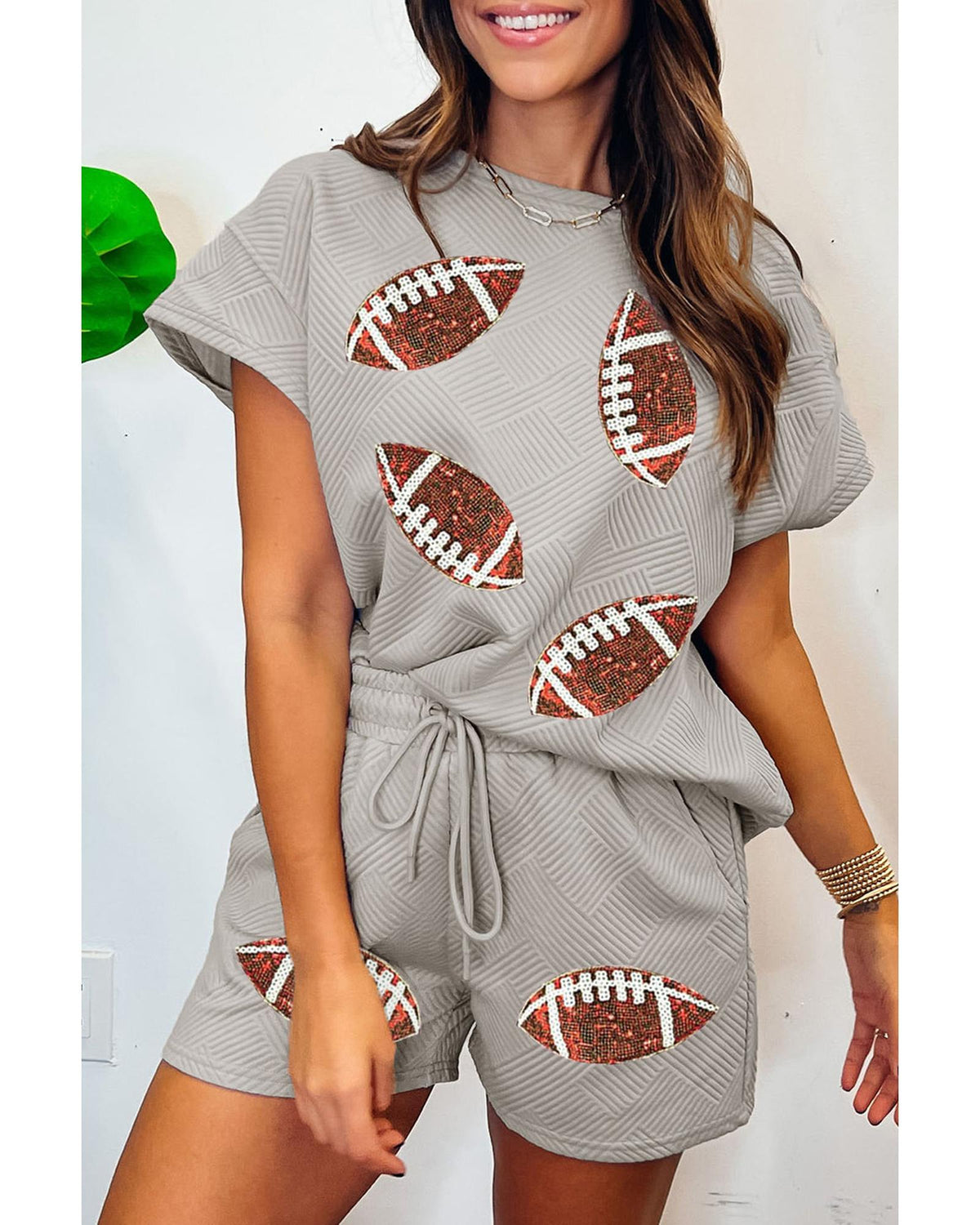 Gray Sequin Rugby Football Textured T Shirt Shorts Set - XL