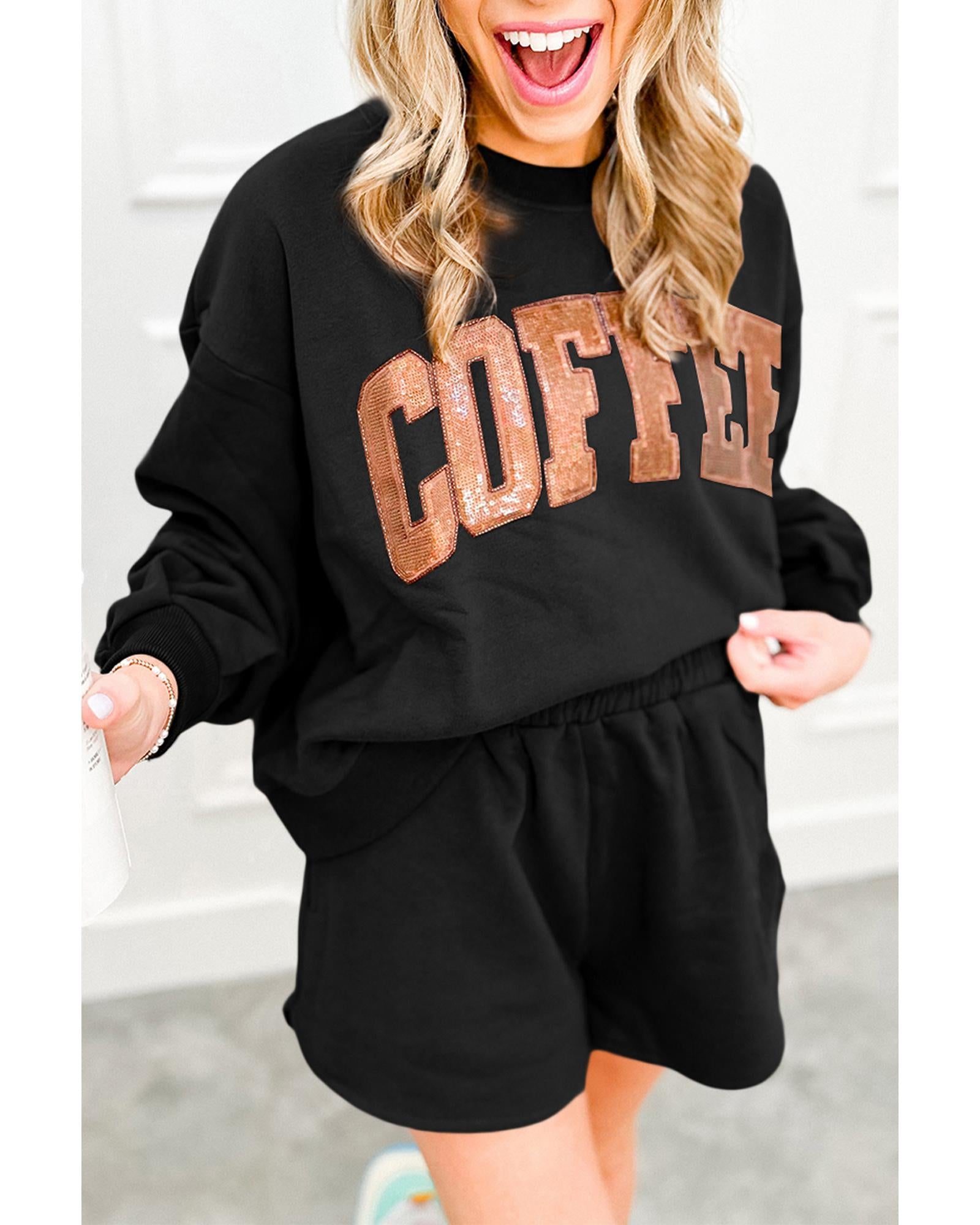 Black Sequined COFFEE Loose Fit Sweatshirt and Shorts Set - L