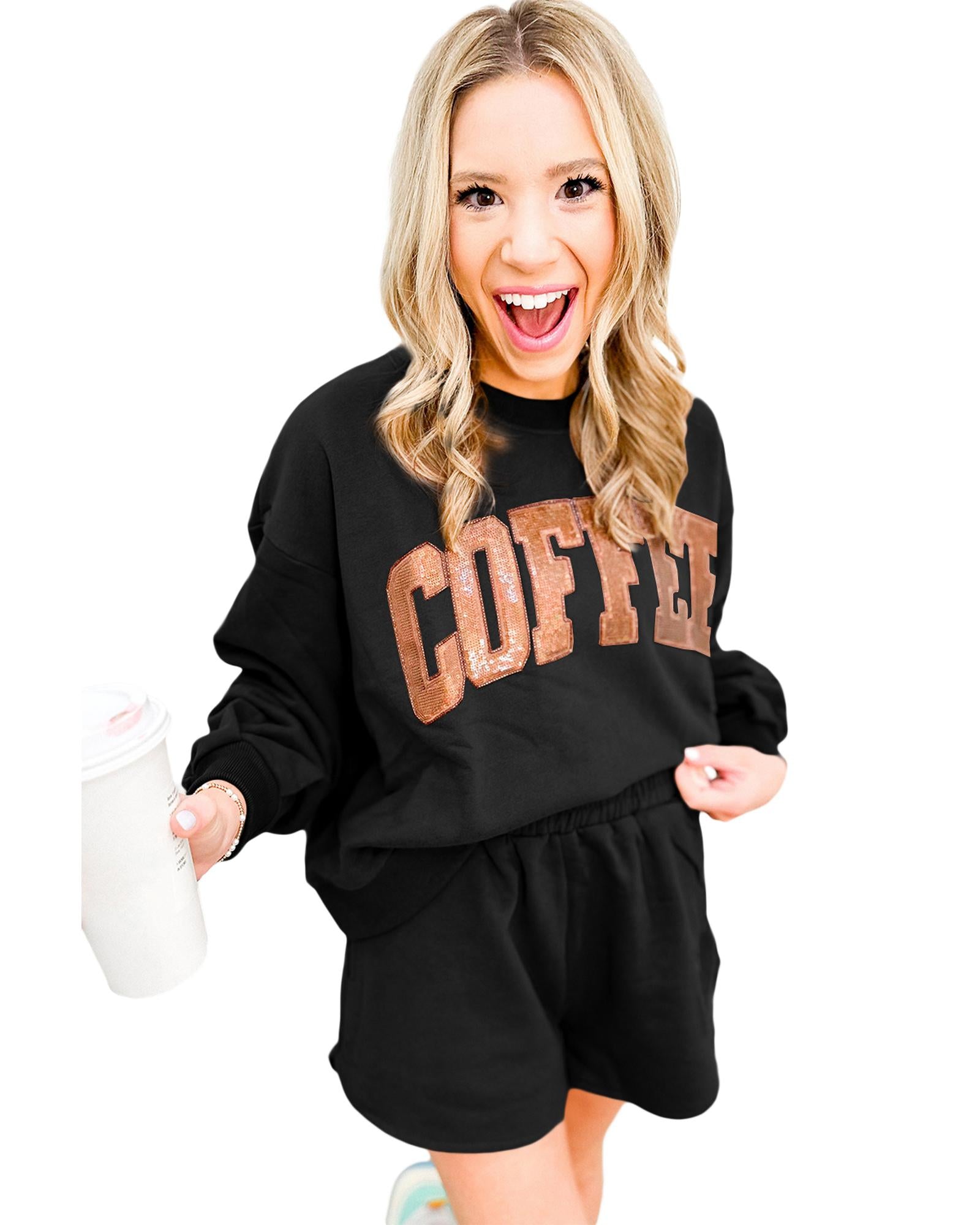 Black Sequined COFFEE Loose Fit Sweatshirt and Shorts Set - L