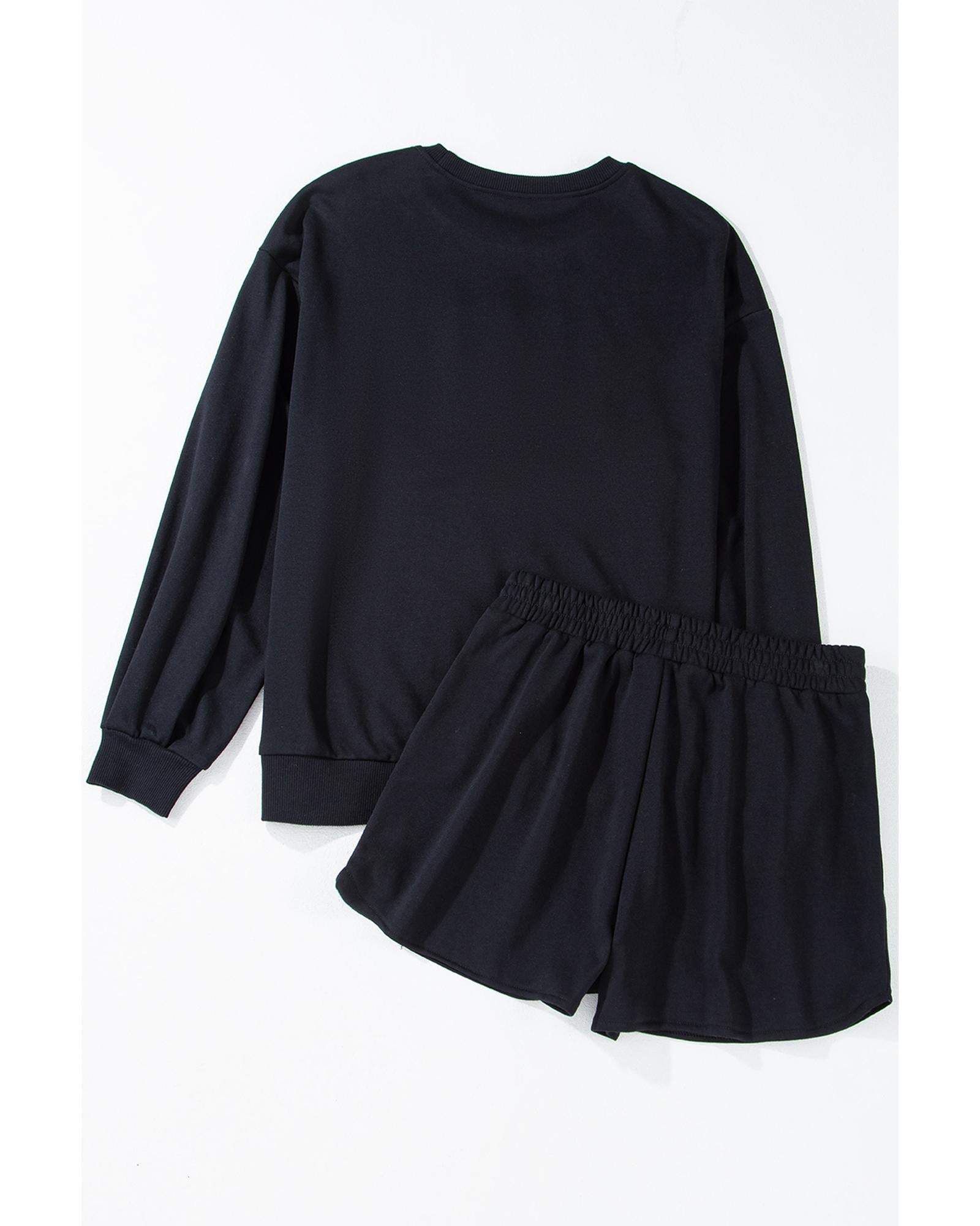 Black Sequined COFFEE Loose Fit Sweatshirt and Shorts Set - S