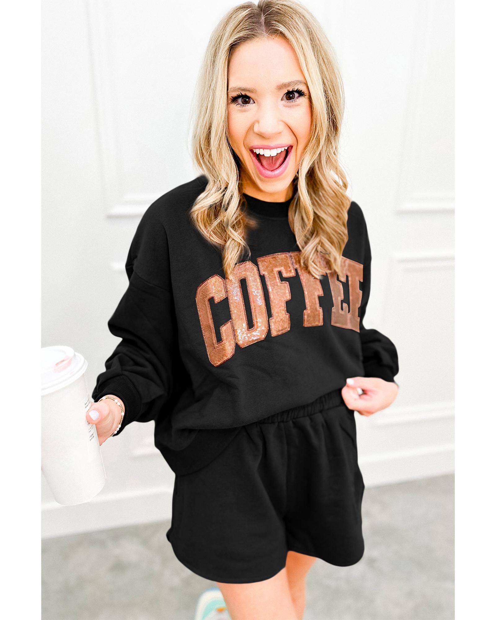 Black Sequined COFFEE Loose Fit Sweatshirt and Shorts Set - XL