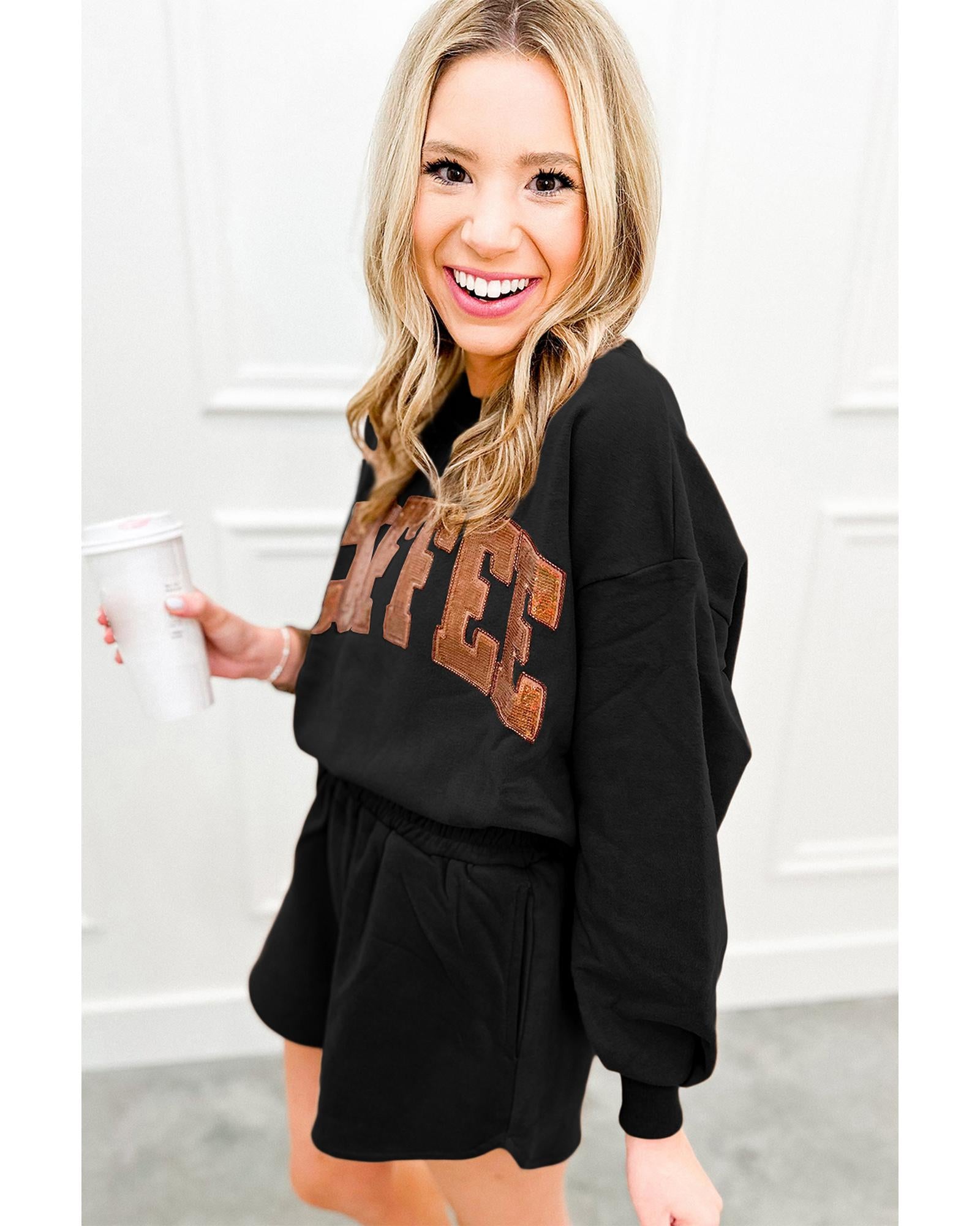 Black Sequined COFFEE Loose Fit Sweatshirt and Shorts Set - XL