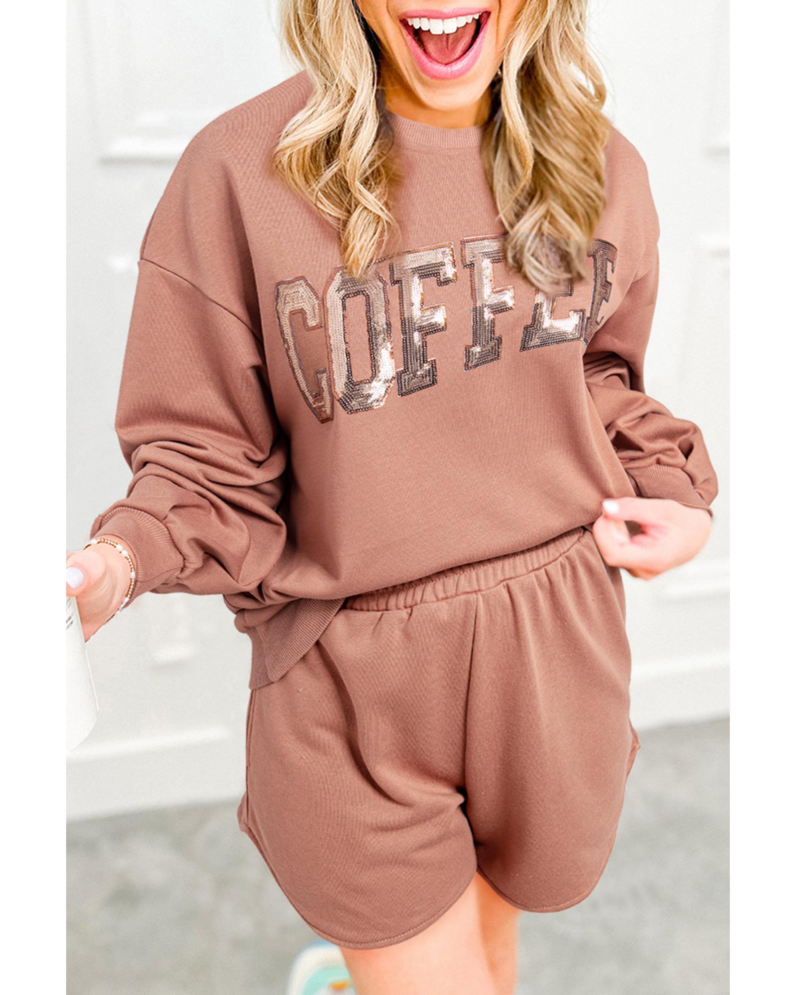 Straw Yellow Sequined COFFEE Loose Fit Sweatshirt and Shorts Set - S