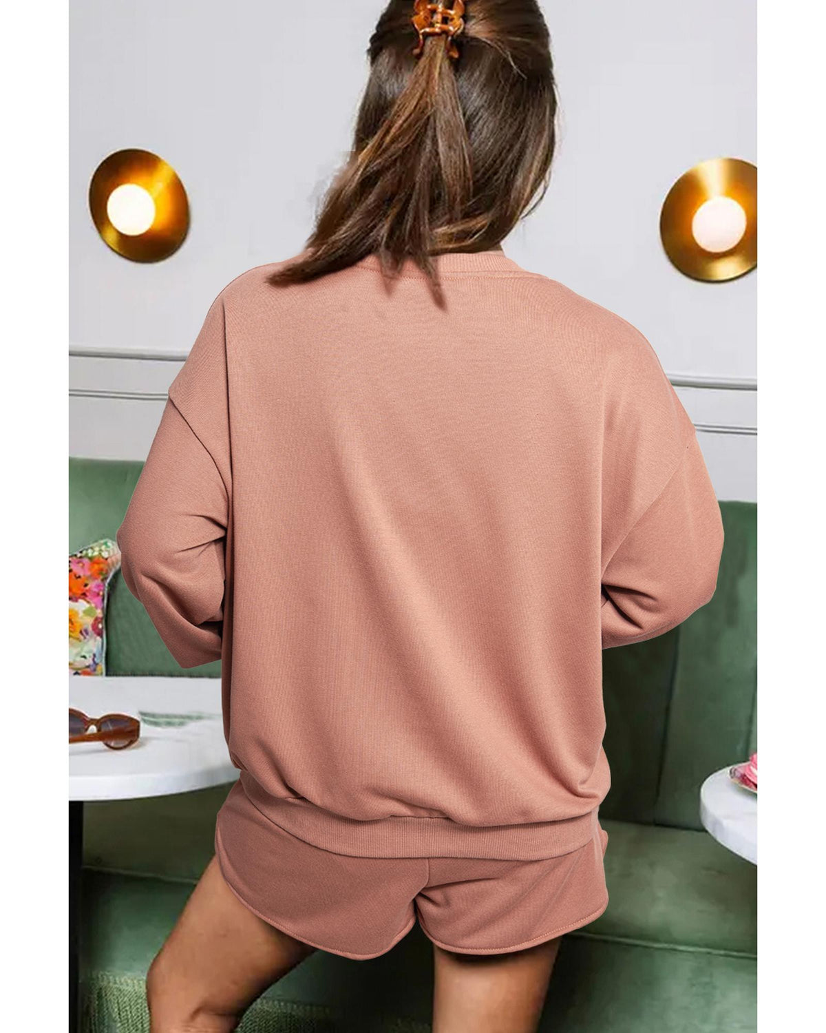 Straw Yellow Sequined COFFEE Loose Fit Sweatshirt and Shorts Set - XL