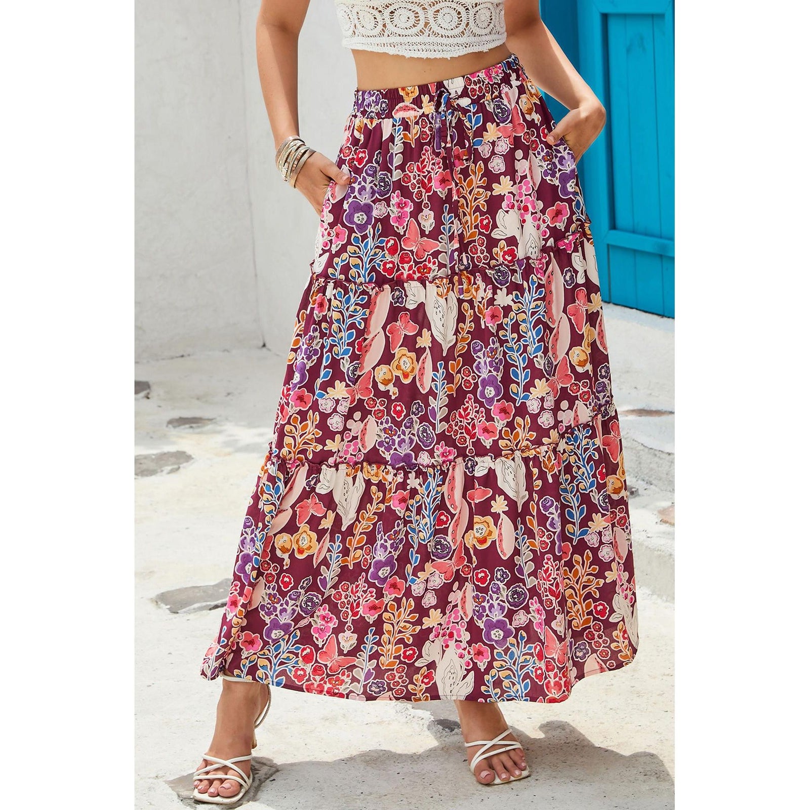 Azura Exchange Boho Floral Print High Waist Maxi Skirt - L