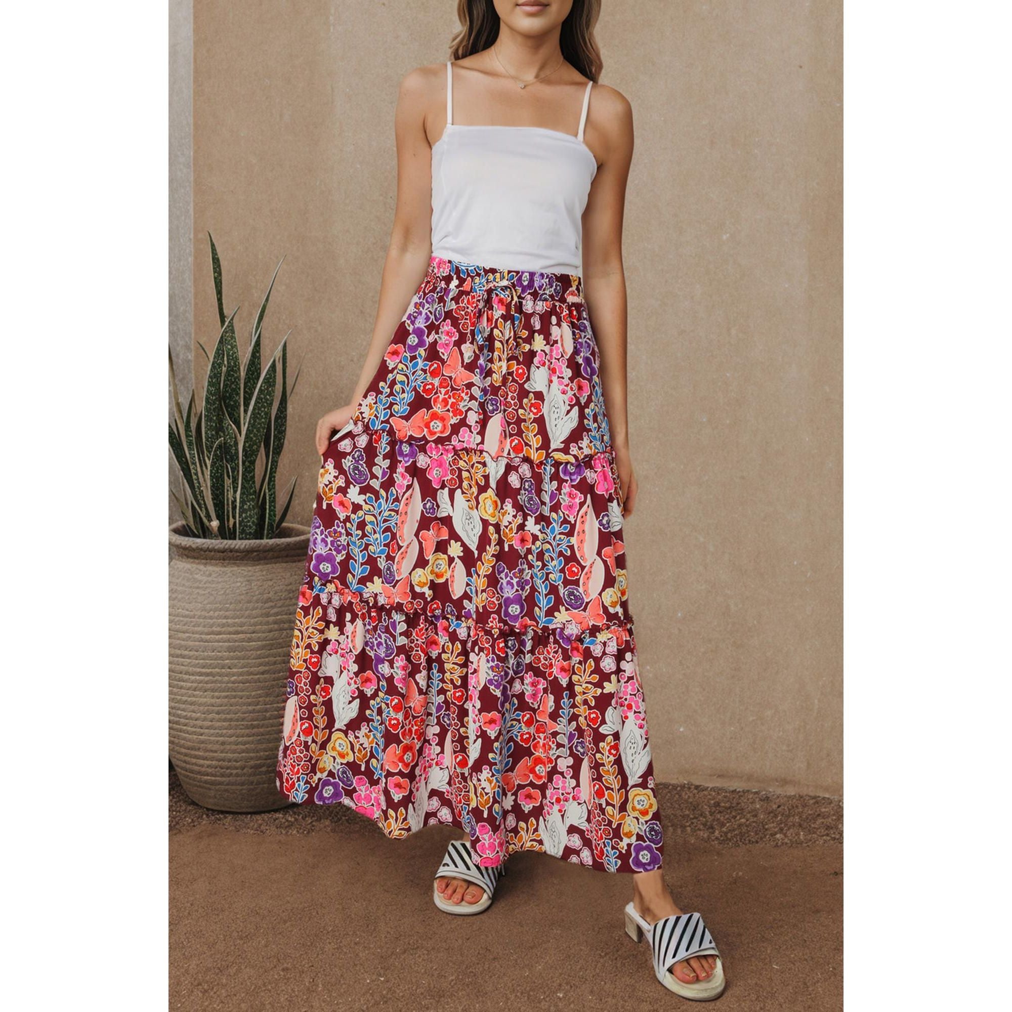 Azura Exchange Boho Floral Print High Waist Maxi Skirt - L