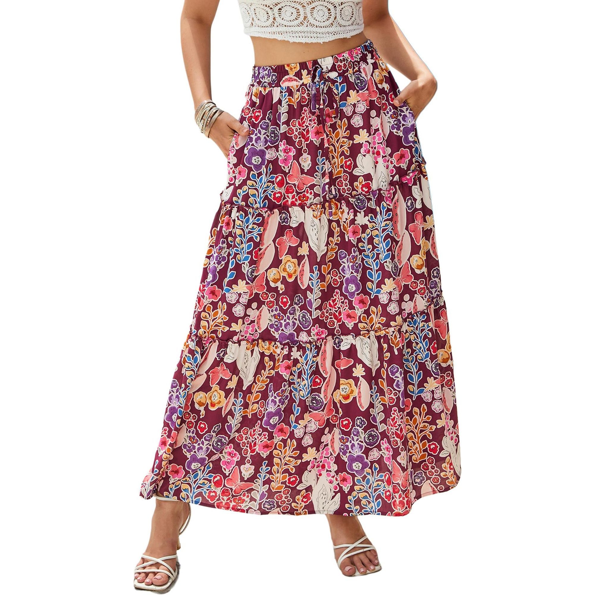 Azura Exchange Boho Floral Print High Waist Maxi Skirt - L