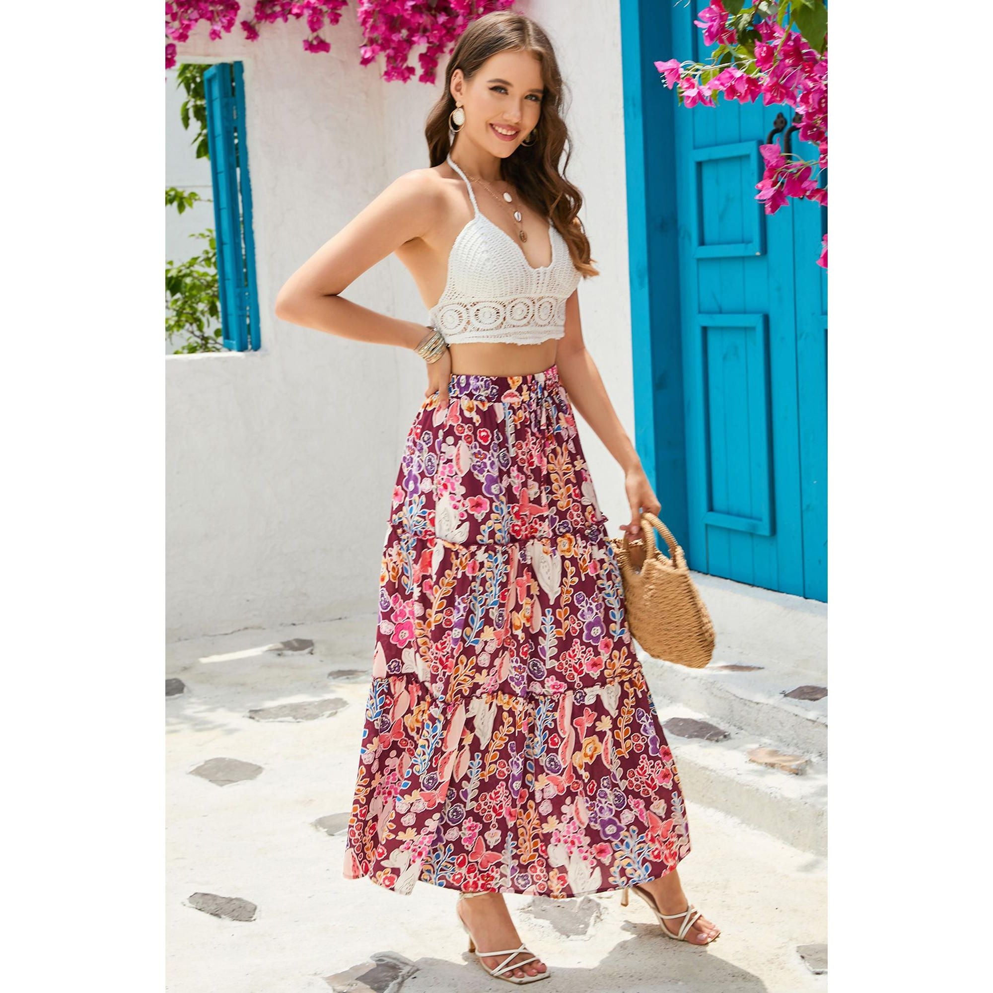 Azura Exchange Boho Floral Print High Waist Maxi Skirt - L