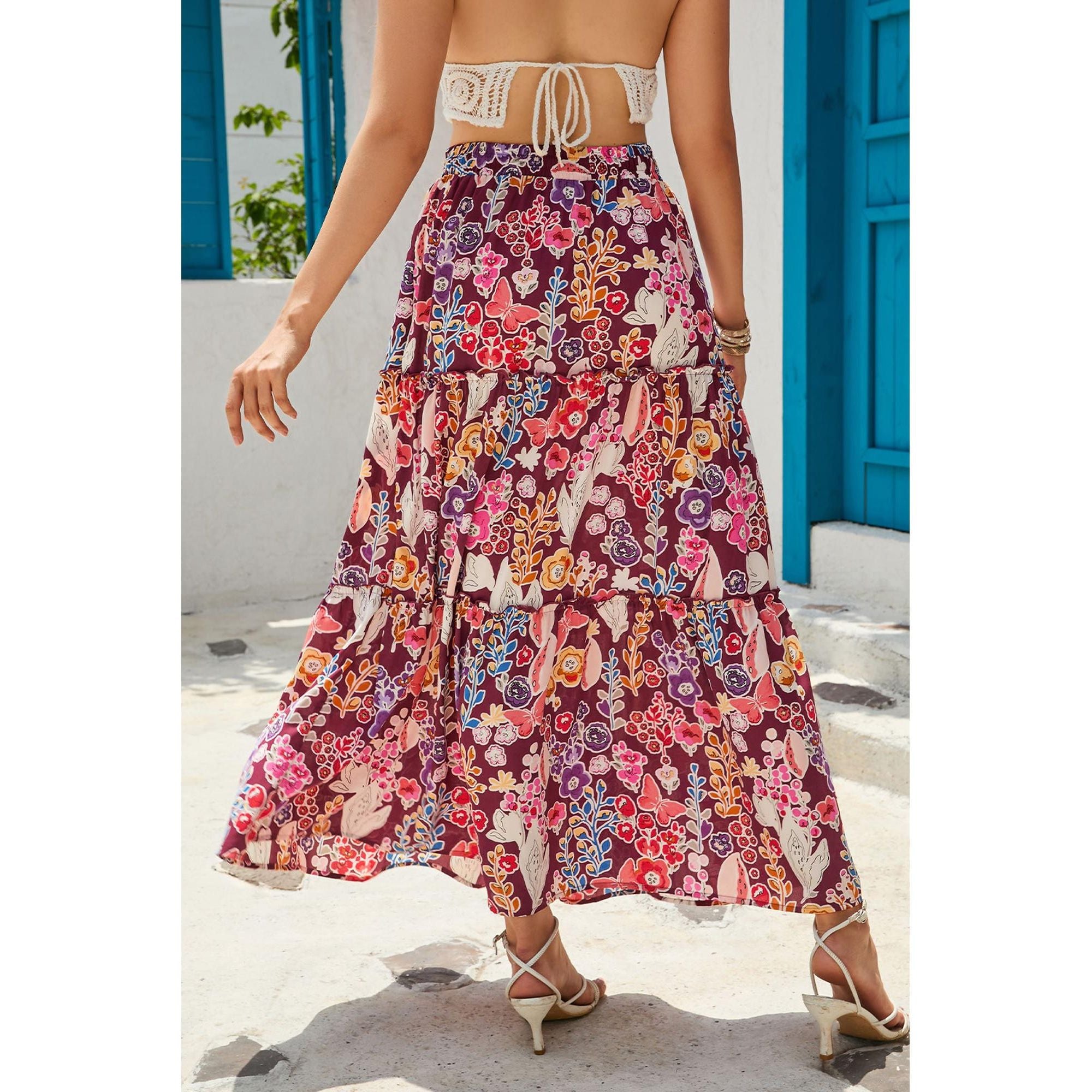 Azura Exchange Boho Floral Print High Waist Maxi Skirt - L