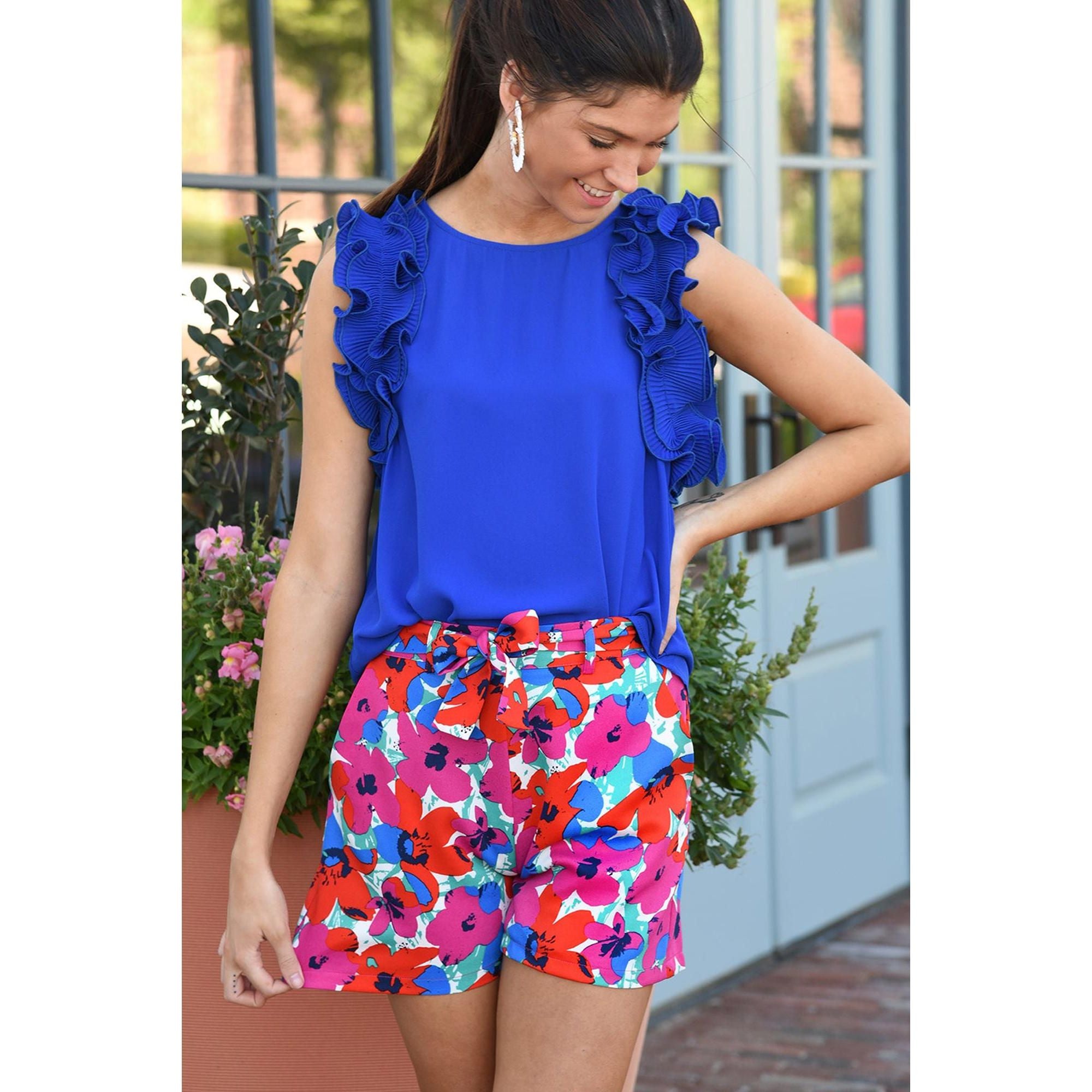 Azura Exchange Belted Floral Print Shorts - 10 US