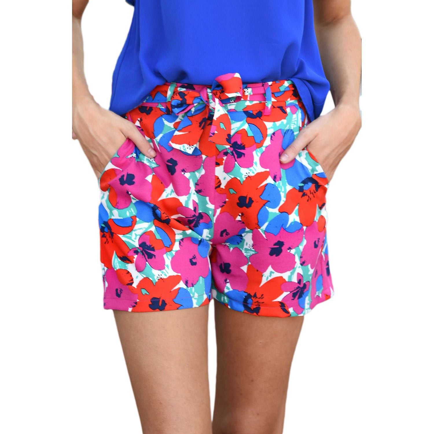 Azura Exchange Belted Floral Print Shorts - 10 US