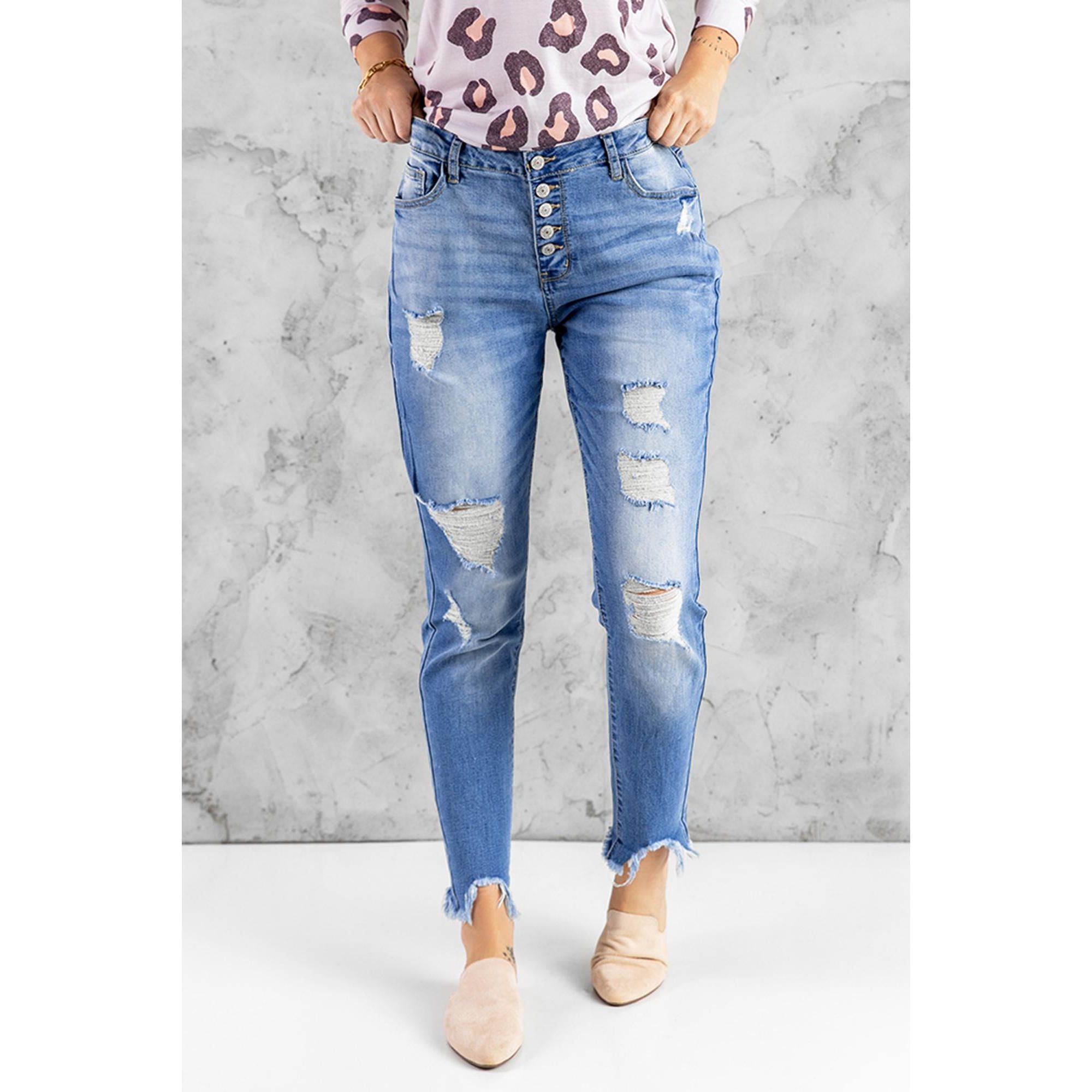 Azura Exchange Button Front Frayed Ankle Skinny Jeans - L