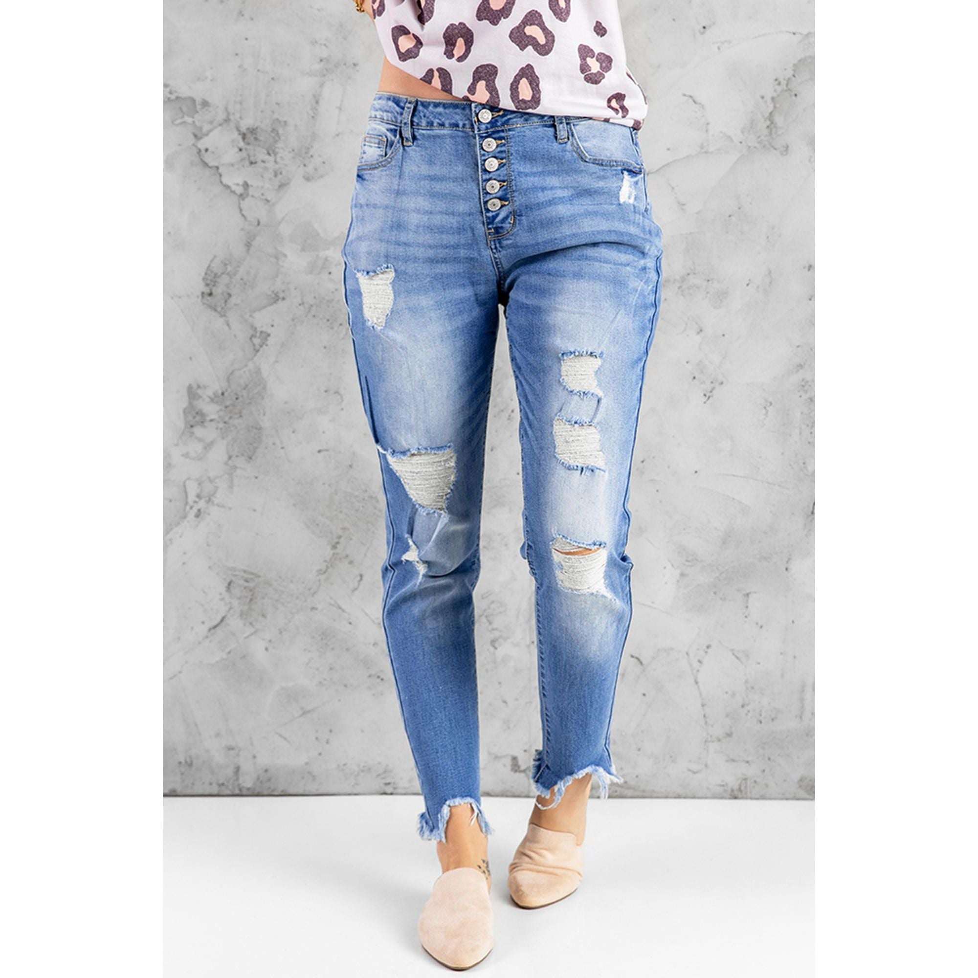 Azura Exchange Button Front Frayed Ankle Skinny Jeans - L