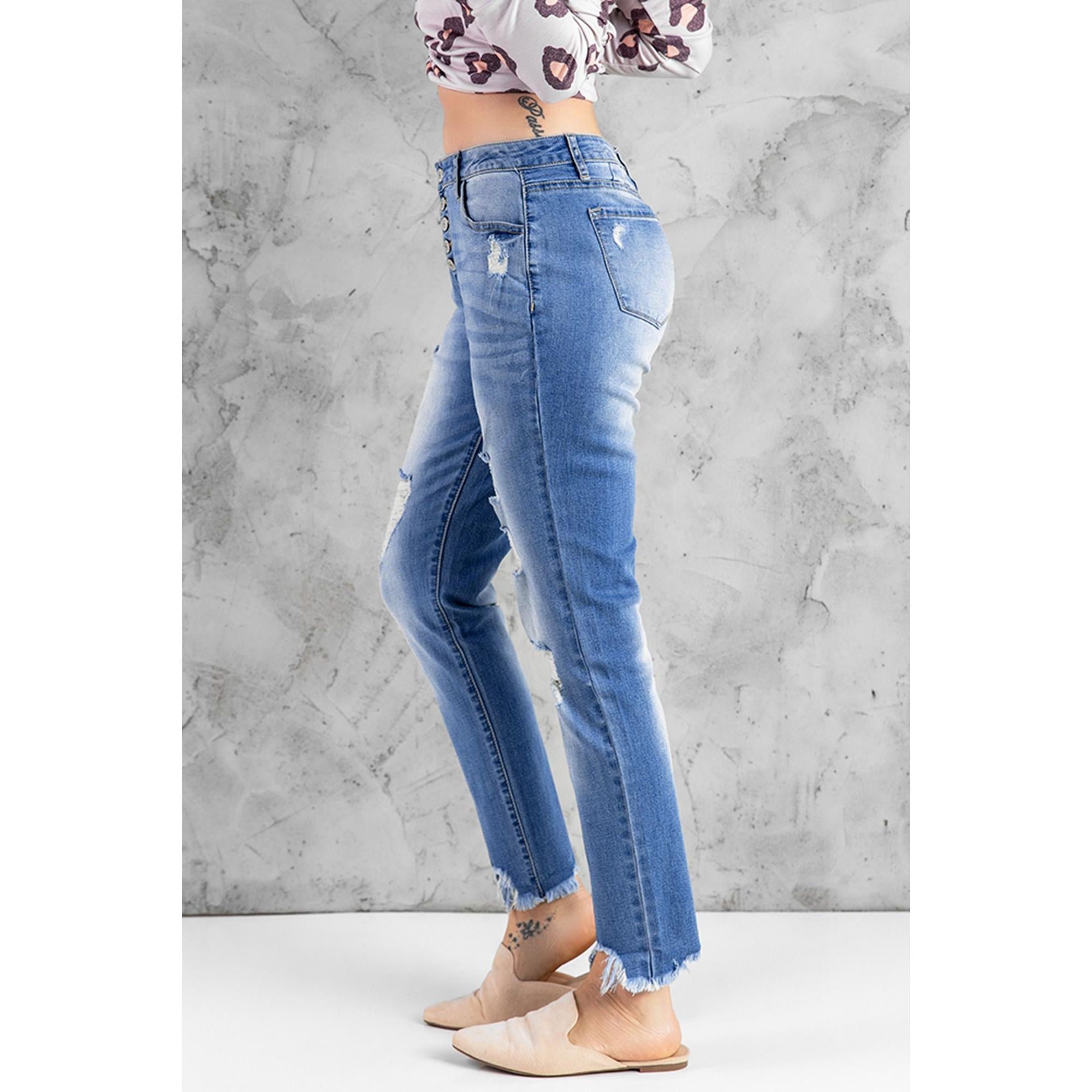 Azura Exchange Button Front Frayed Ankle Skinny Jeans - L