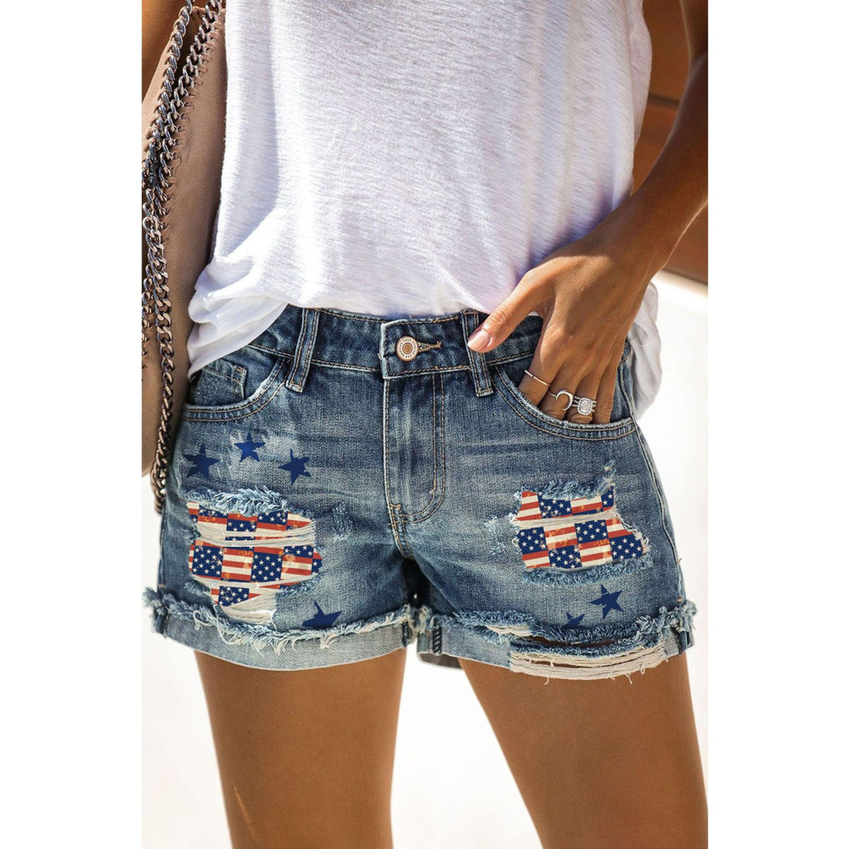 Azura Exchange American Flag Patchwork Denim Shorts - M