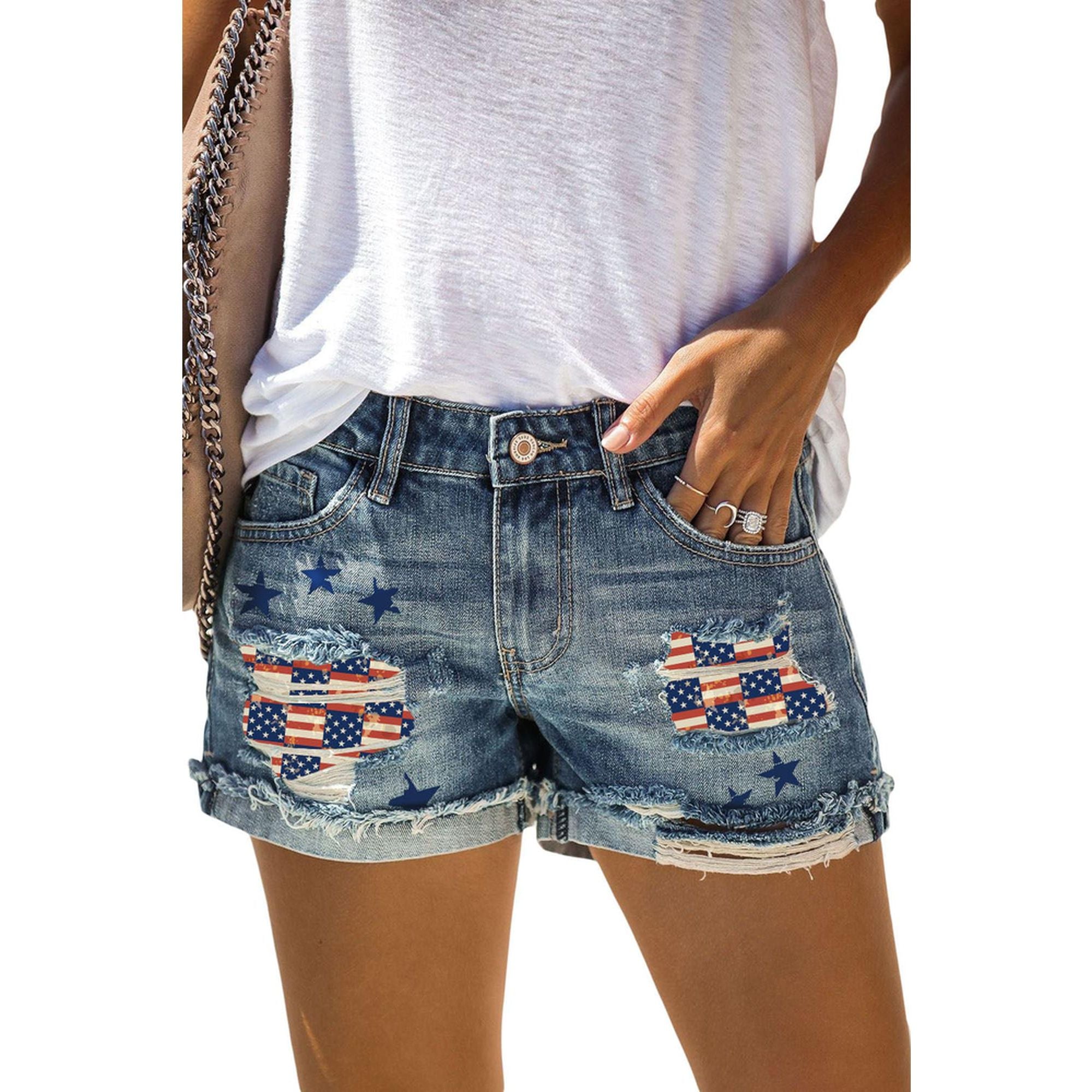 Azura Exchange American Flag Patchwork Denim Shorts - M