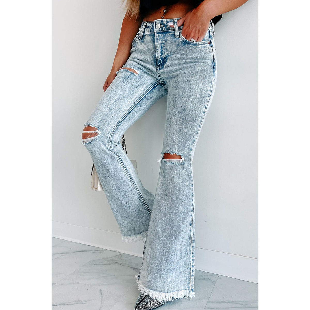 Azura Exchange Acid Wash Flare Jeans - 10 US